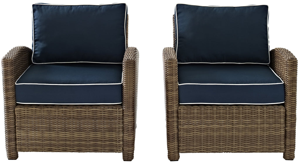 Crosley Furniture Bradenton 2-Piece Outdoor Chair Set, Wicker Patio Chairs for Conversation, Porch, Deck, Brown with Navy Cushions