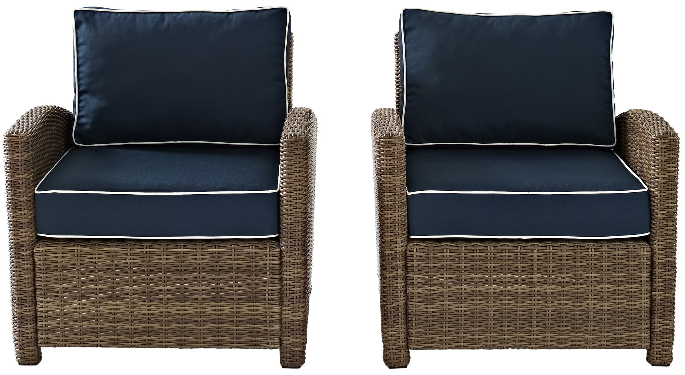 Crosley Furniture Bradenton 2-Piece Outdoor Chair Set, Wicker Patio Chairs for Conversation, Porch, Deck, Brown with Navy Cushions