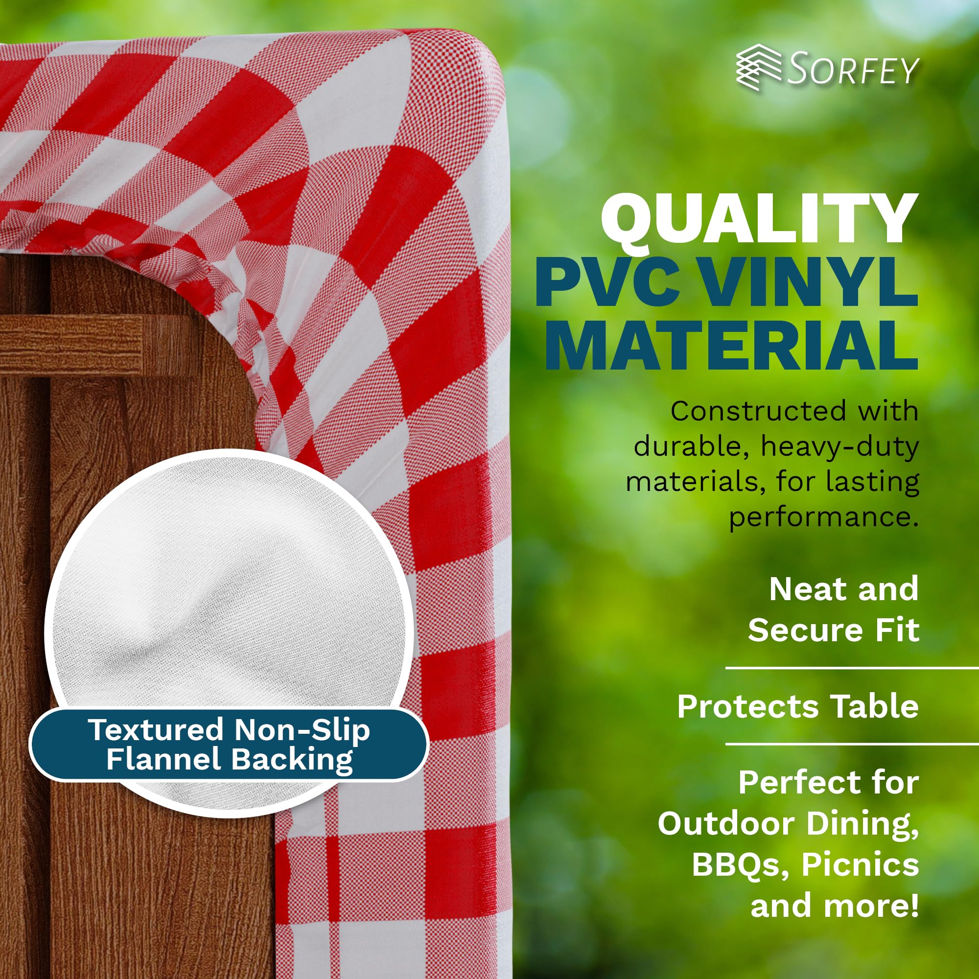 Sorfey Vinyl Umbrella Picnic Table And Bench Fitted Tablecloth Cover, Checkered Design, Flannel Backed Lining, 30X72 Inch, 3-Piece Set, Black