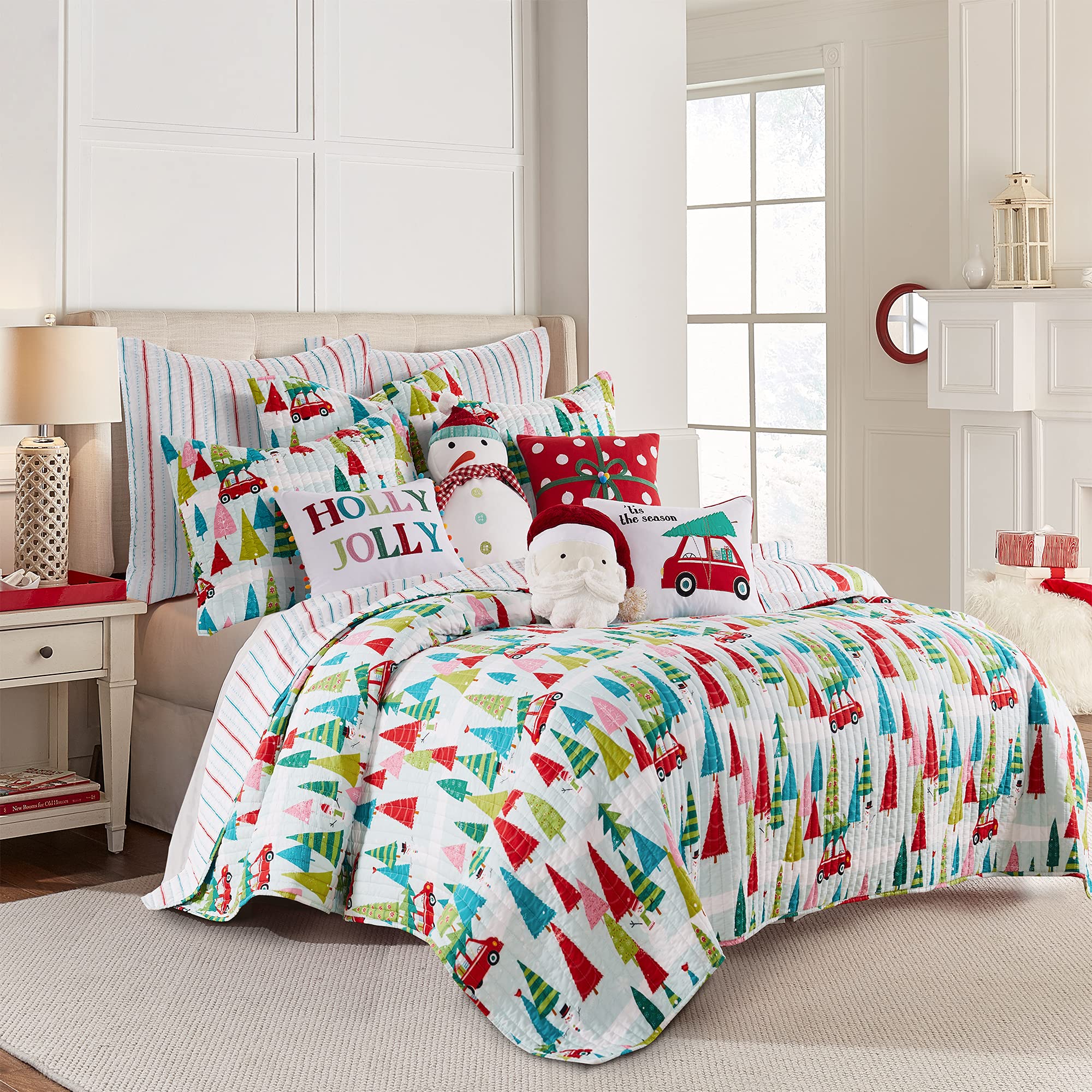 Levtex Home Merry & Bright Collecion - Holly Jolly Quilt - Full/Queen - Christmas Tree - Red Green Teal Pink - Quilt (86X86In.)