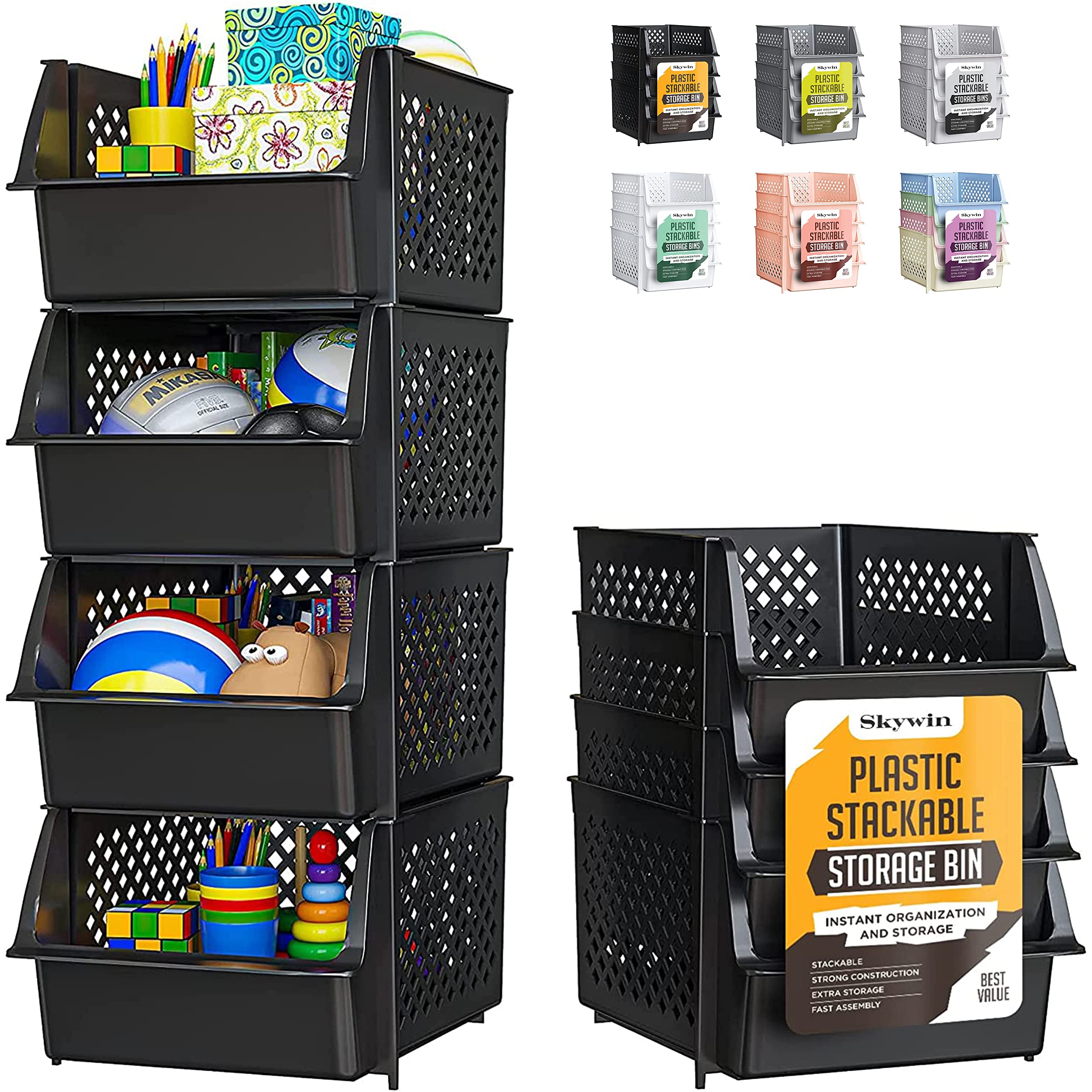 Skywin Tidyfriend Stackable Storage Bins, 4 Pack Pantry Organizers And Storage For Kitchen, Closet, And Toy Storage, Plastic Sto