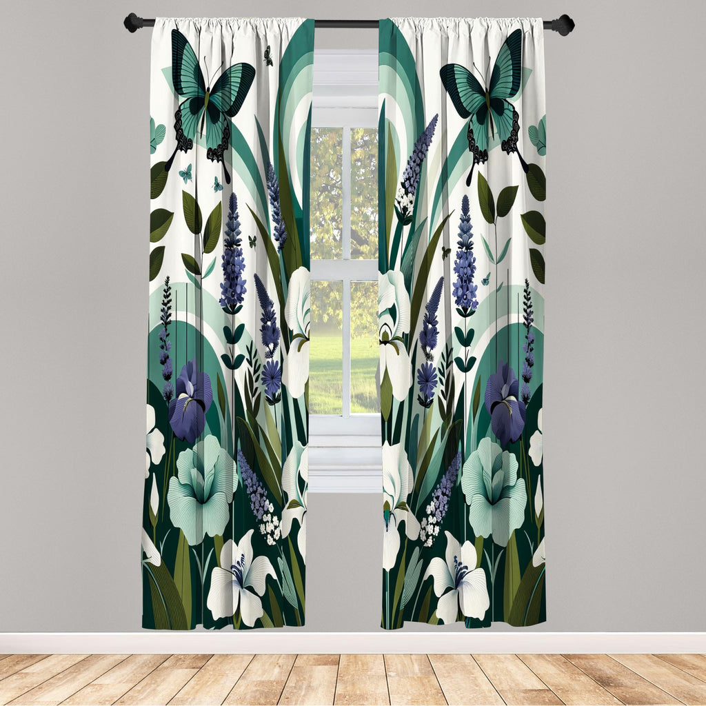 Ambesonne Teal Window Curtains Pack Of 2, Curving Leaves And Floral Mirage With Iris Lavender Eucalyptus Butterfly, Lightweight