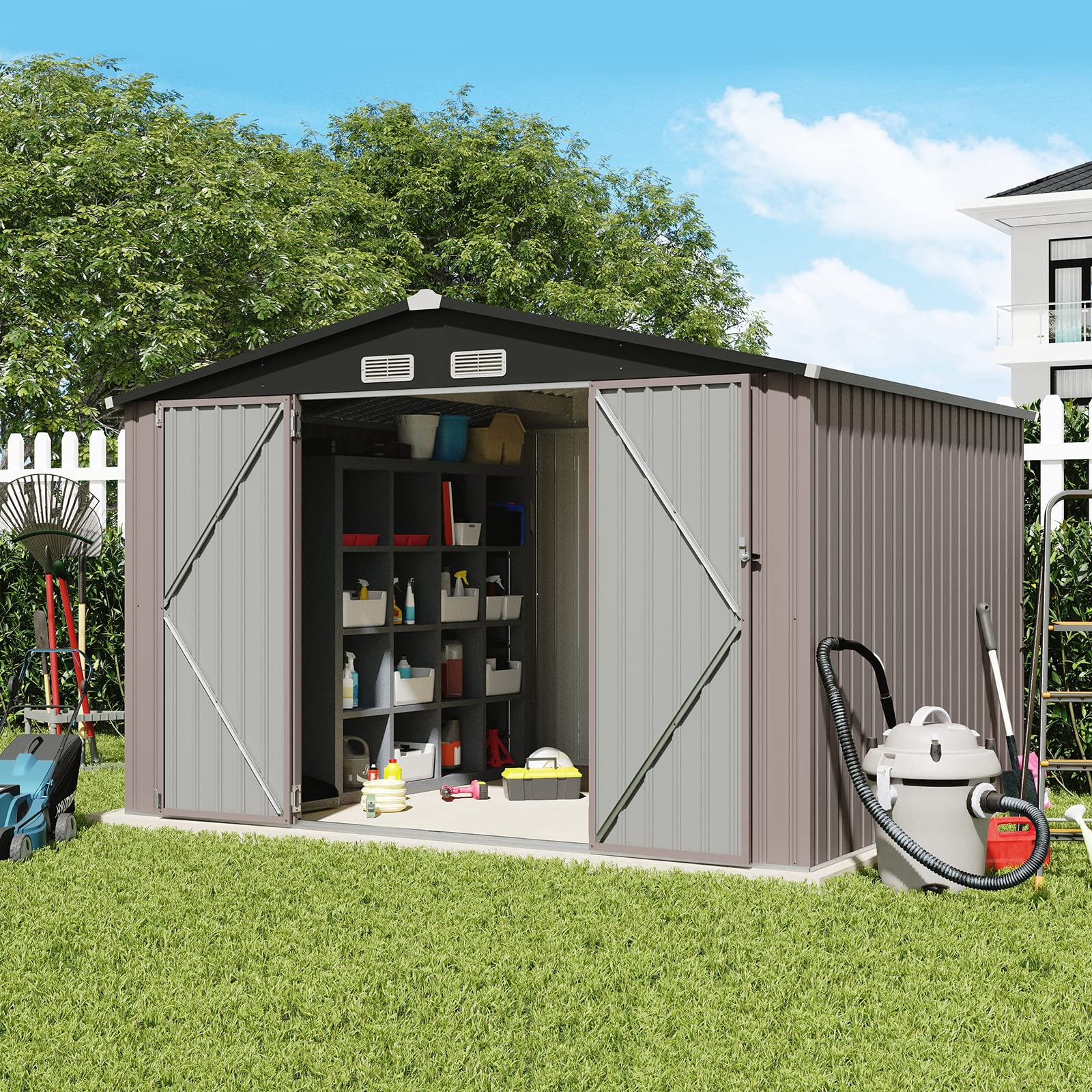 Verano Garden 8X10 Outdoor Storage Shed, Large Galvanized Steel Metal Garden Shed, Double Door W/Lock, Outdoor Storage House For