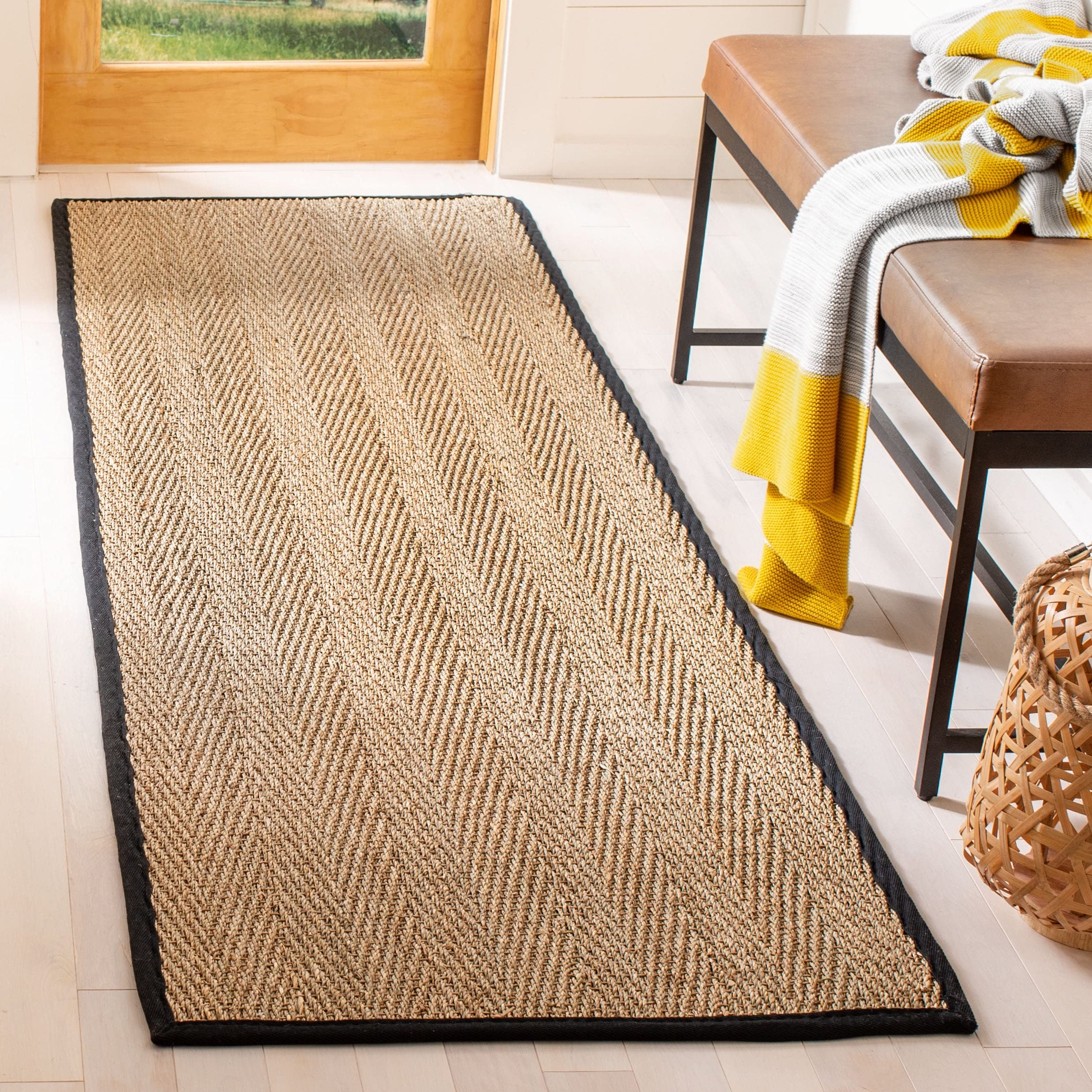 Safavieh Natural Fiber Collection Runner Rug - 26 x 16, Natural & Black, Border Herringbone Seagrass Design, Easy Care, Ideal 