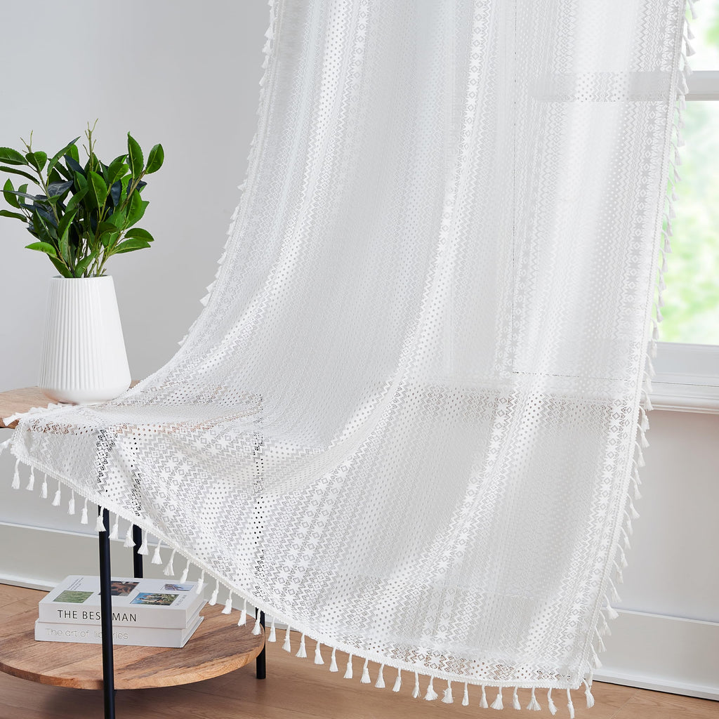 Bapawfish 95 Inches Length White Boho Lace Sheer Curtain Panels With Tassels,Rustic Rod Pocket Drapes,Embroidery Geometric Patte