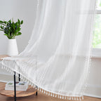 Bapawfish 95 Inches Length White Boho Lace Sheer Curtain Panels With Tassels,Rustic Rod Pocket Drapes,Embroidery Geometric Patte
