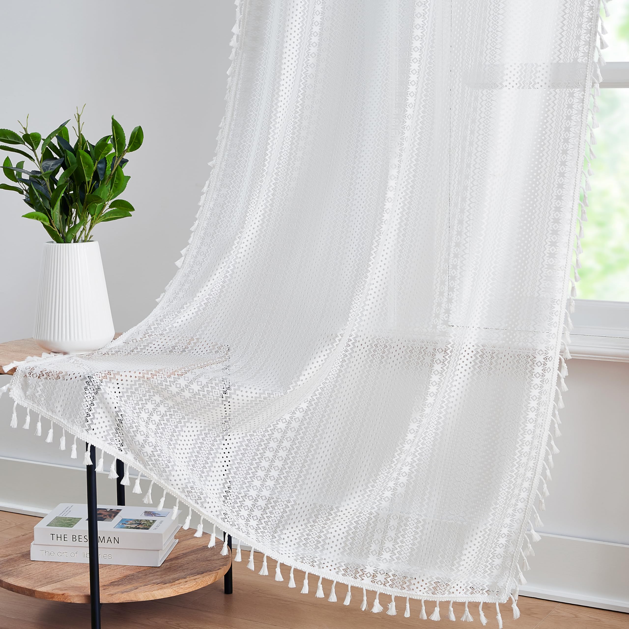 Bapawfish 95 Inches Length White Boho Lace Sheer Curtain Panels With Tassels,Rustic Rod Pocket Drapes,Embroidery Geometric Patte