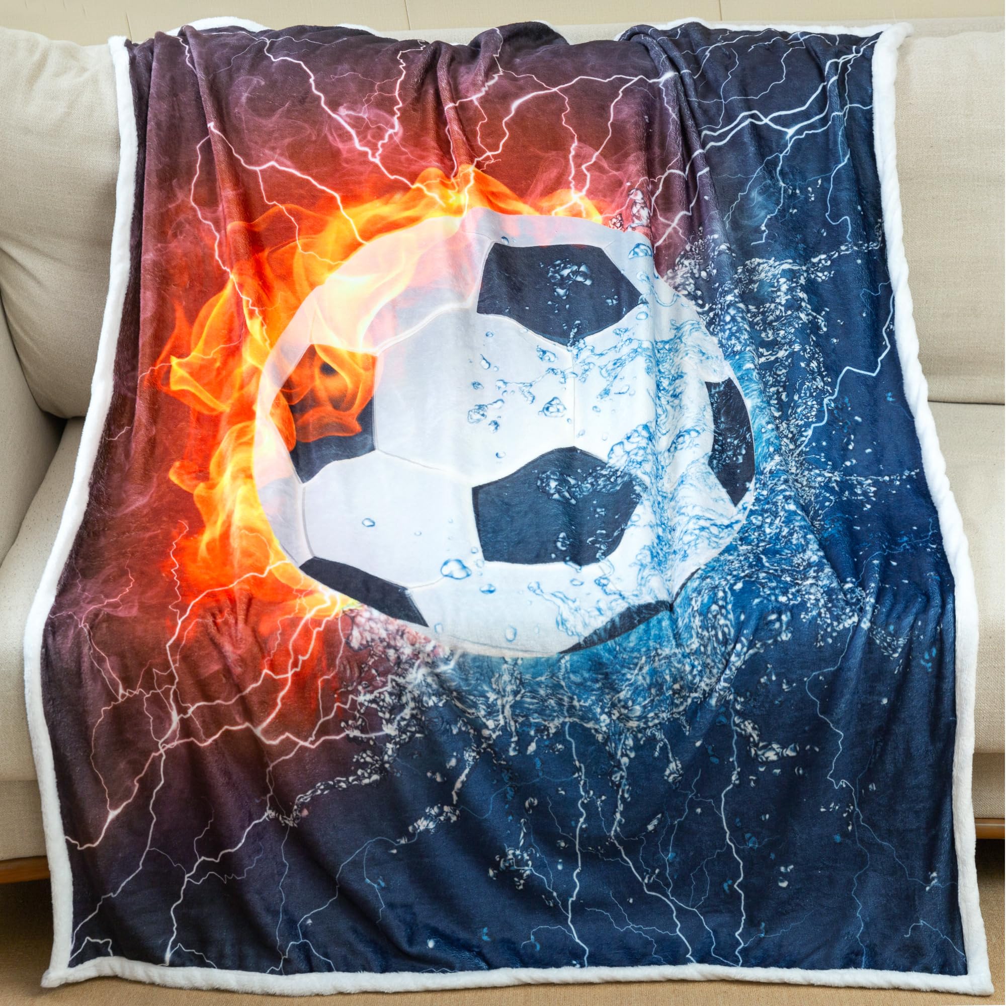 Sviuse Soccer Blanket Sports Ball Throw Blanket Blue Flame Teens' Soccer Fans Soft Cozy Football Blanket For Boys Men Sofa Trave