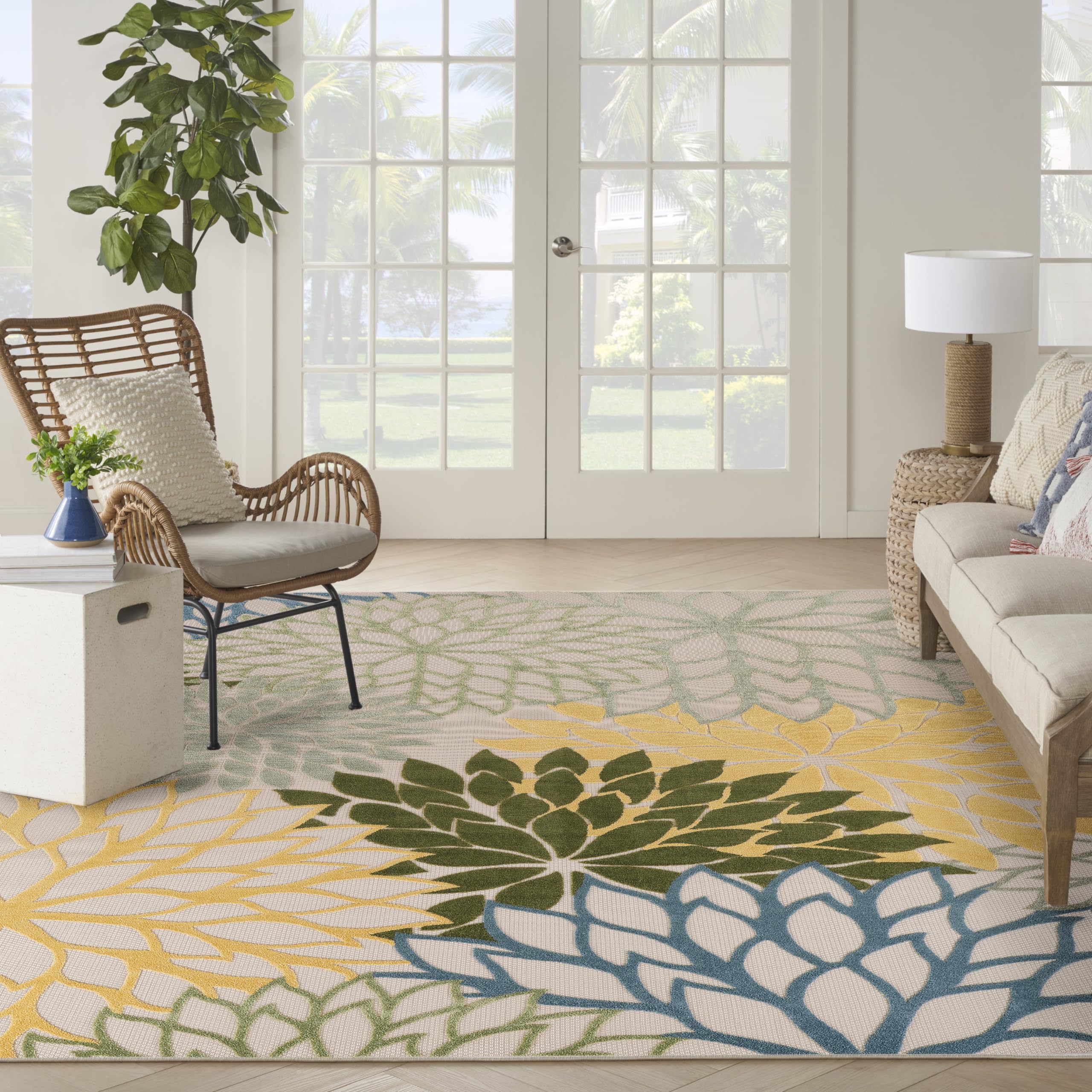 Nourison Aloha Indoor/Outdoor Green Multicolor 12' X 15' Area Rug, Easy Cleaning, Non-Shedding, Bed Room, Living Room, Dining Room, Backyard, Patio, Deck (12X15)