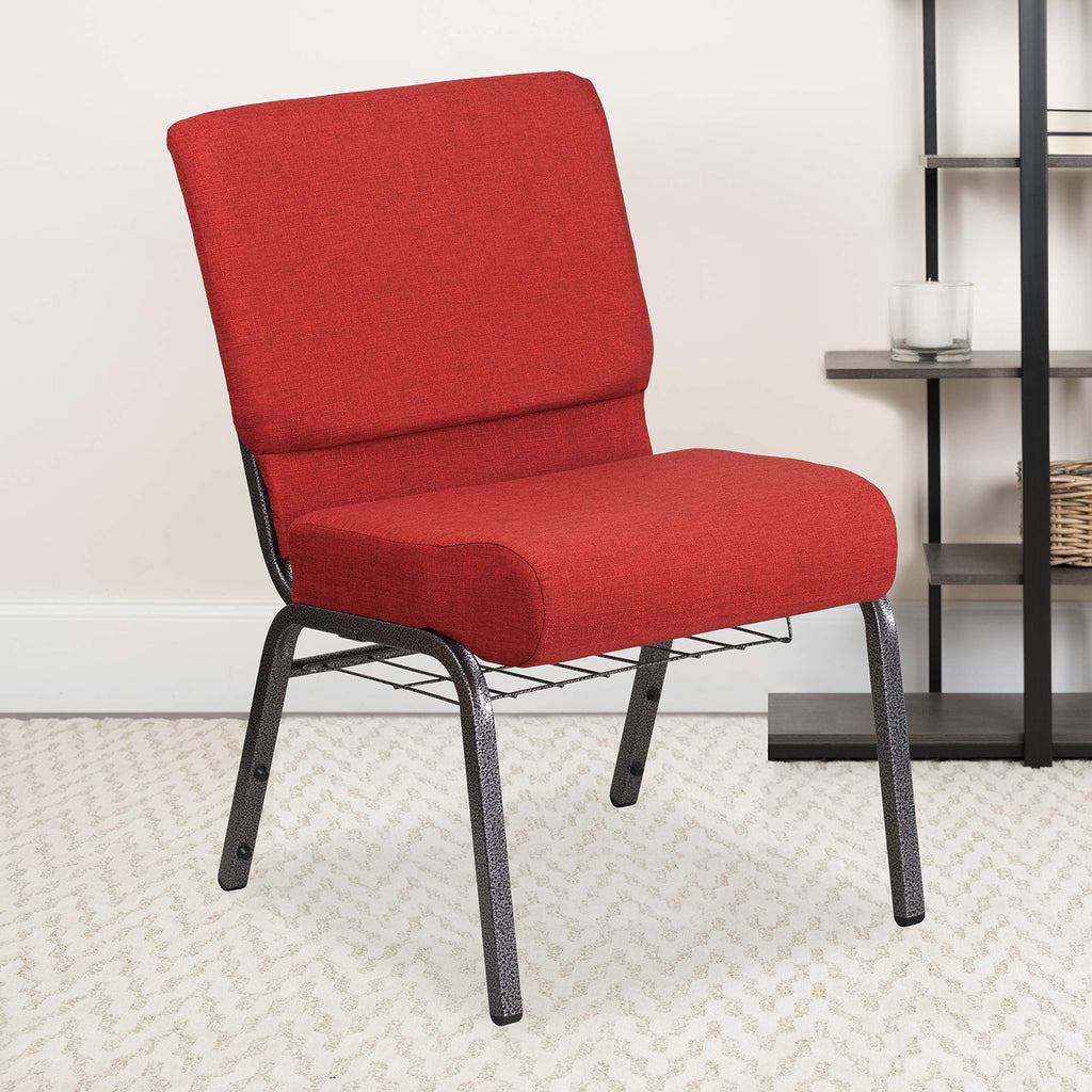 Flash Furniture Hercules Series 21''W Church Chair In Crimson Fabric With Cup Book Rack - Silver Vein Frame