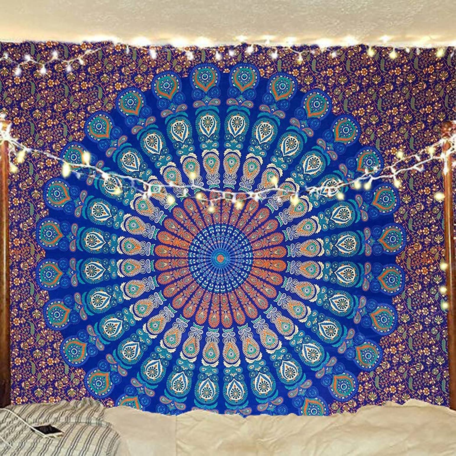 raajsee Blue Orange Tapestry Mandala Wall Hanging- Wall Tapestry For Bedroom - Aesthetic Tapestry -QUEEN 210 X 220 CMS