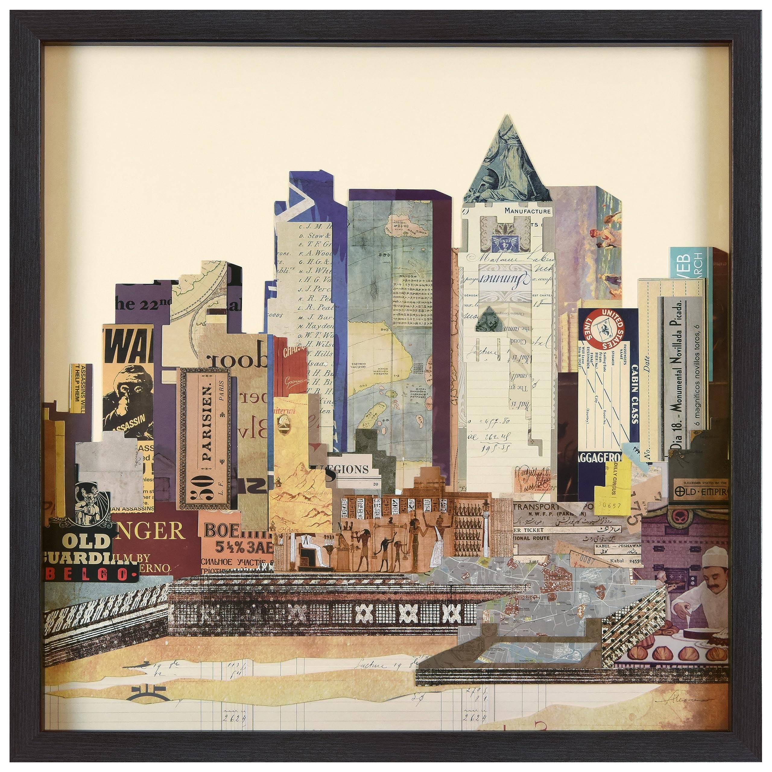 Empire Art Direct Dimensional Collage Framed Graphic Paper Under Glass Wall Art by Alex Zeng Ready to Hang, 25 x 25, New York Ci