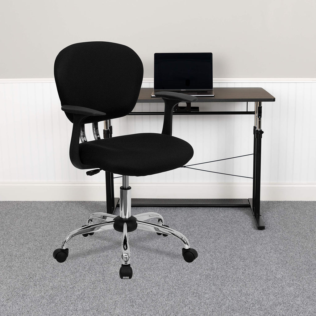 Flash Furniture Beverly Mid-Back Black Mesh Padded Swivel Task Office Chair With Chrome Base And Arms