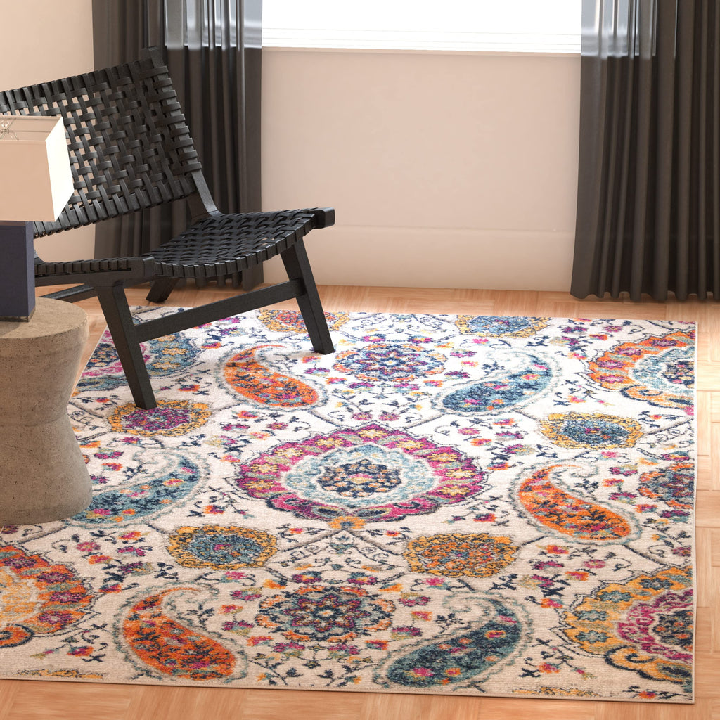 SAFAVIEH Madison Collection 4' Square Cream / Multi MAD600B Boho Chic Glam Paisley Non-Shedding Living Room Bedroom Accent Rug