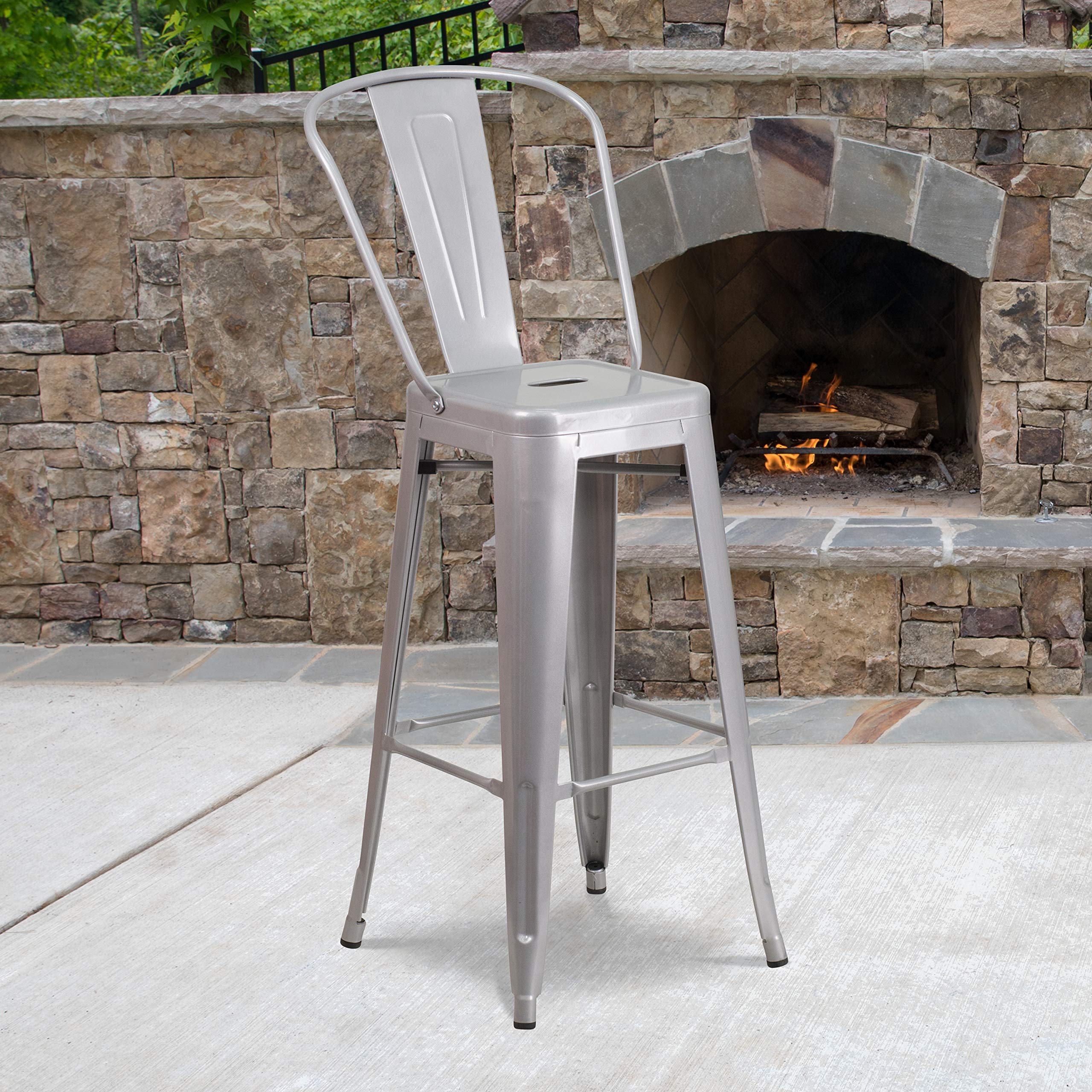 Flash Furniture Commercial Grade 30' High Silver Metal Indoor-Outdoor Barstool With Removable Back