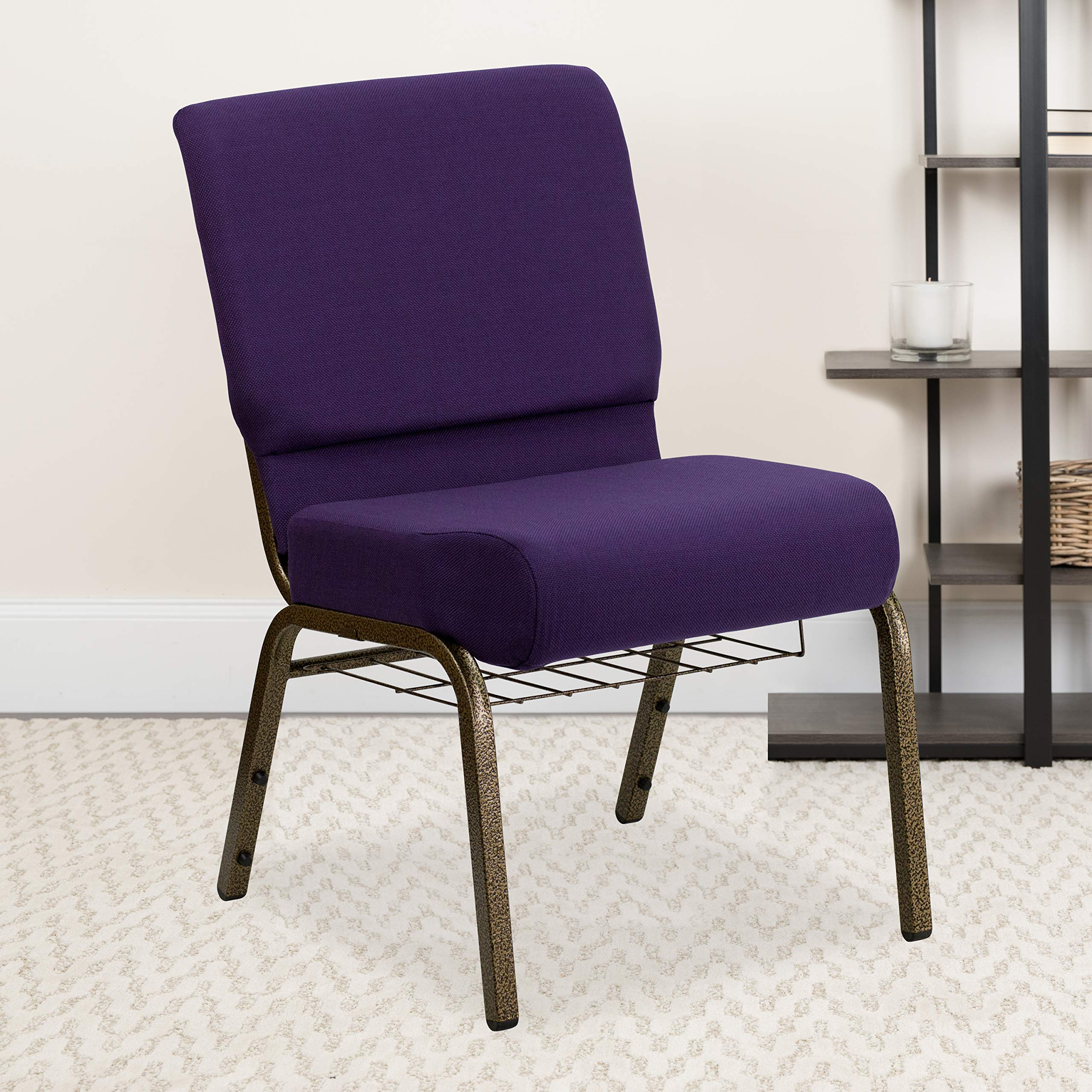 Flash Furniture HERCULES Series 21''W Church Chair in Royal Purple Fabric with Cup Book Rack - Gold Vein Frame