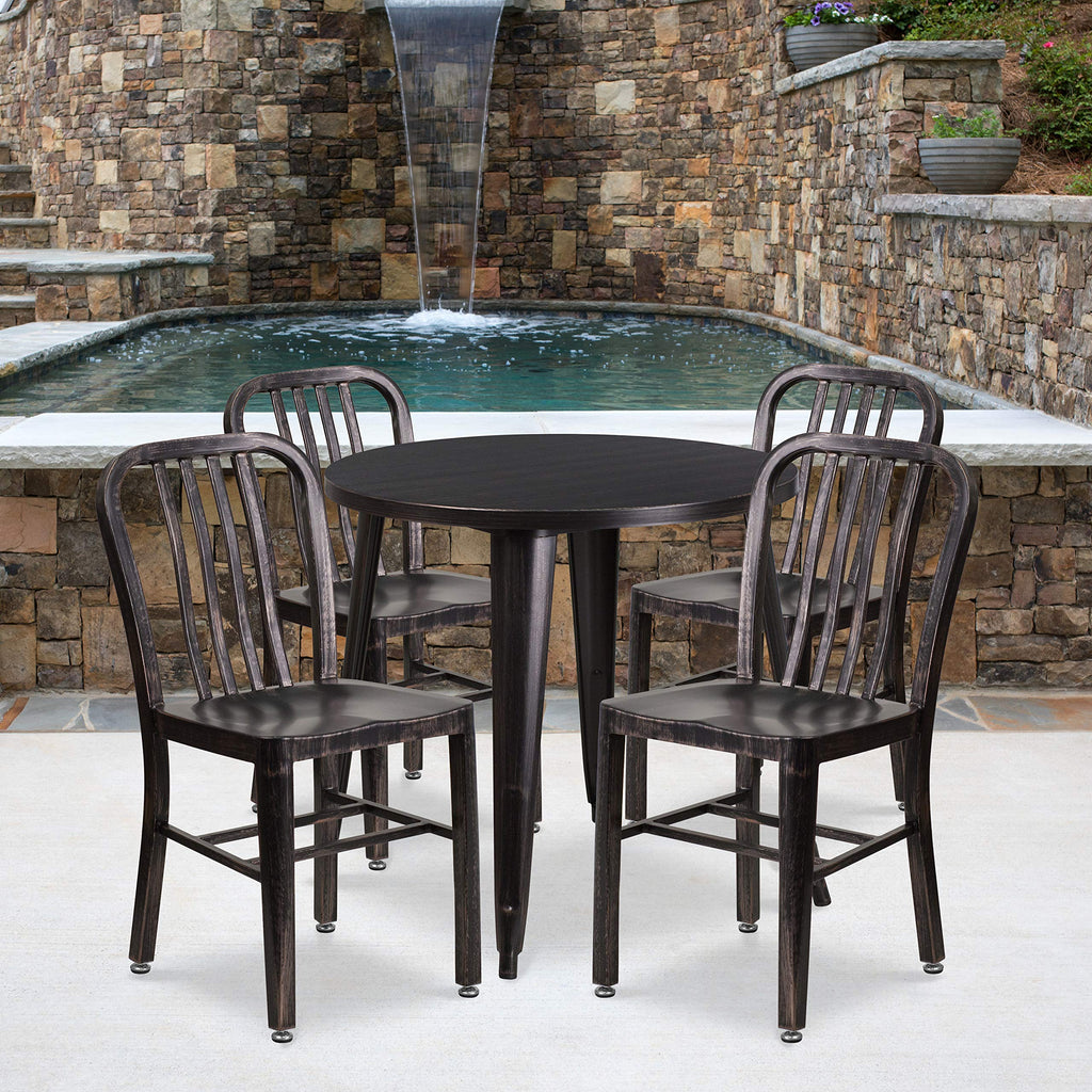Flash Furniture Commercial Grade 30" Round Black-Antique Gold Metal Indoor-Outdoor Table Set with 4 Vertical Slat Back Chairs