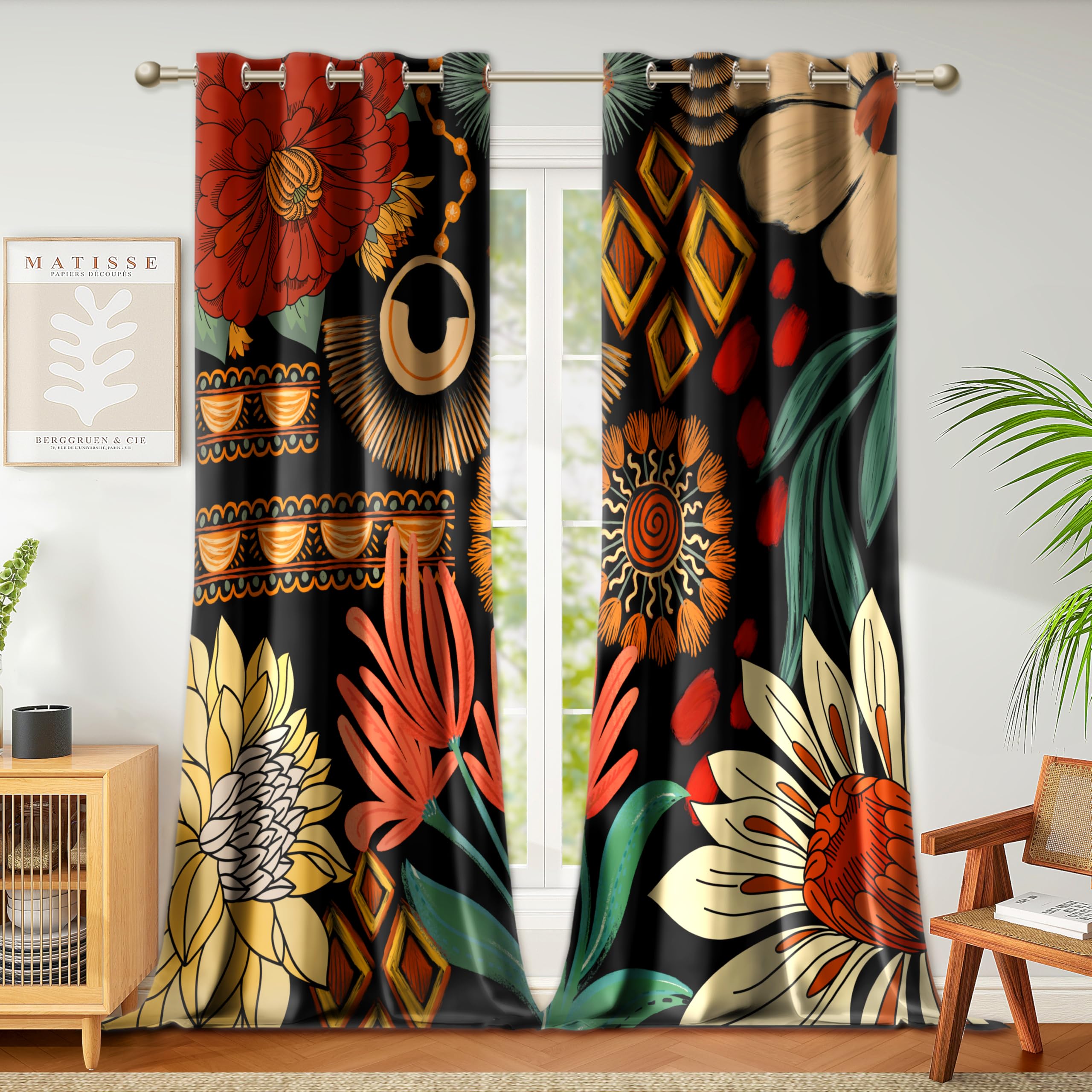 Tyrot 100% Blackout Black Boho Floral Curtains For Living Room 108 Inch Extra Long 2 Panels Mid Century Botanical Black Out Curt