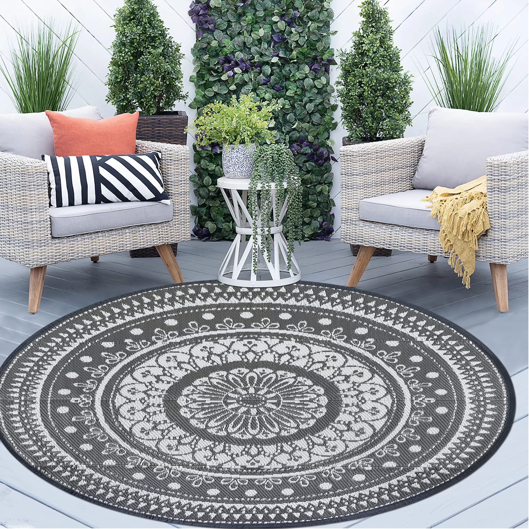 Cekene Reversible Outdoor Rugs 6Ft Round Patio Rugs Lightweight Plastic Straw Rug Waterproof Rv Camping Mat Portable Area Rug Fo
