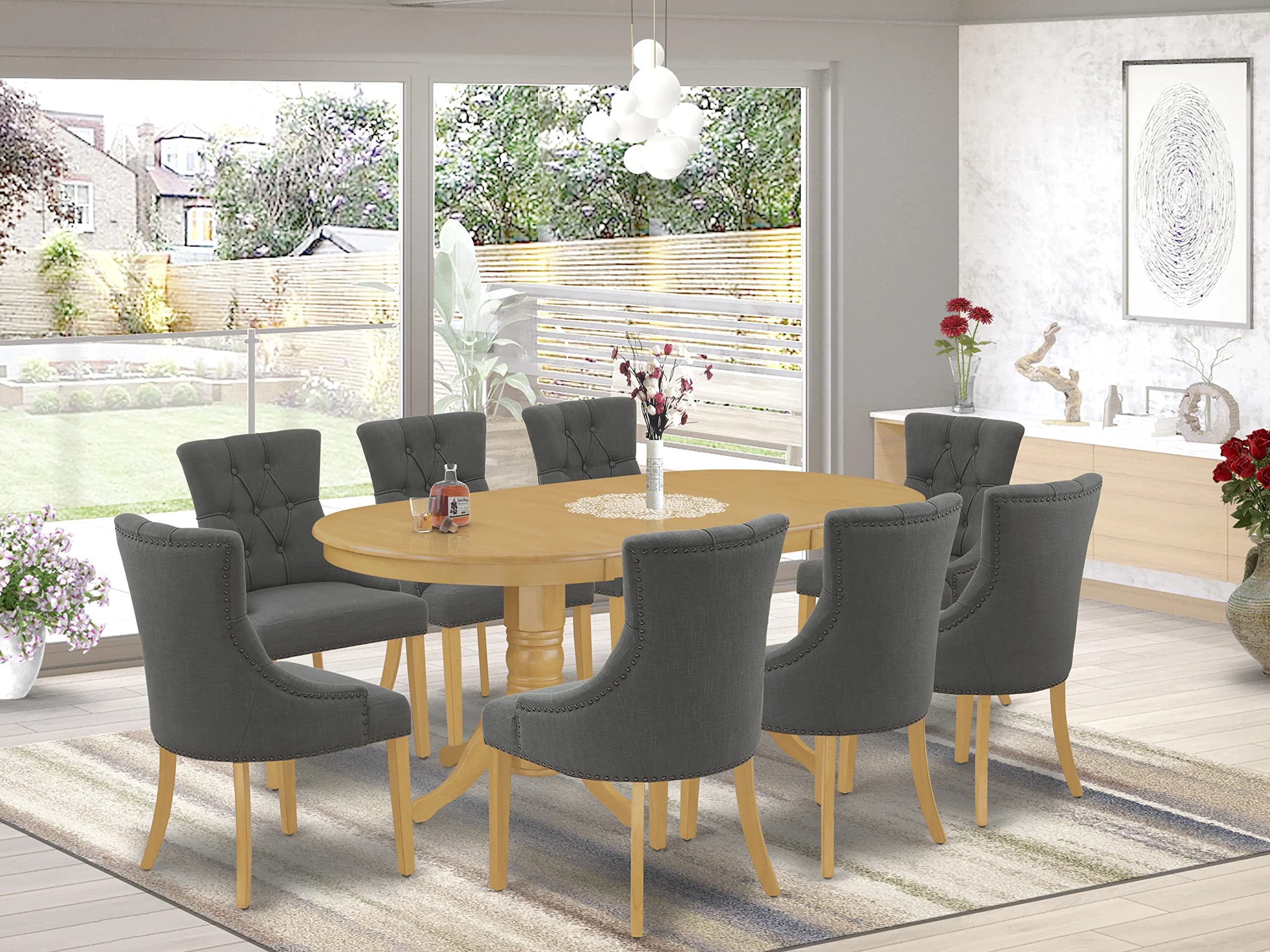 East West Furniture Vancouver 9 Piece Kitchen Set Includes An Oval Table With Butterfly Leaf And 8 Dark Gotham Linen Fabric Parson Dining Chairs, 40X76 Inch, Oak