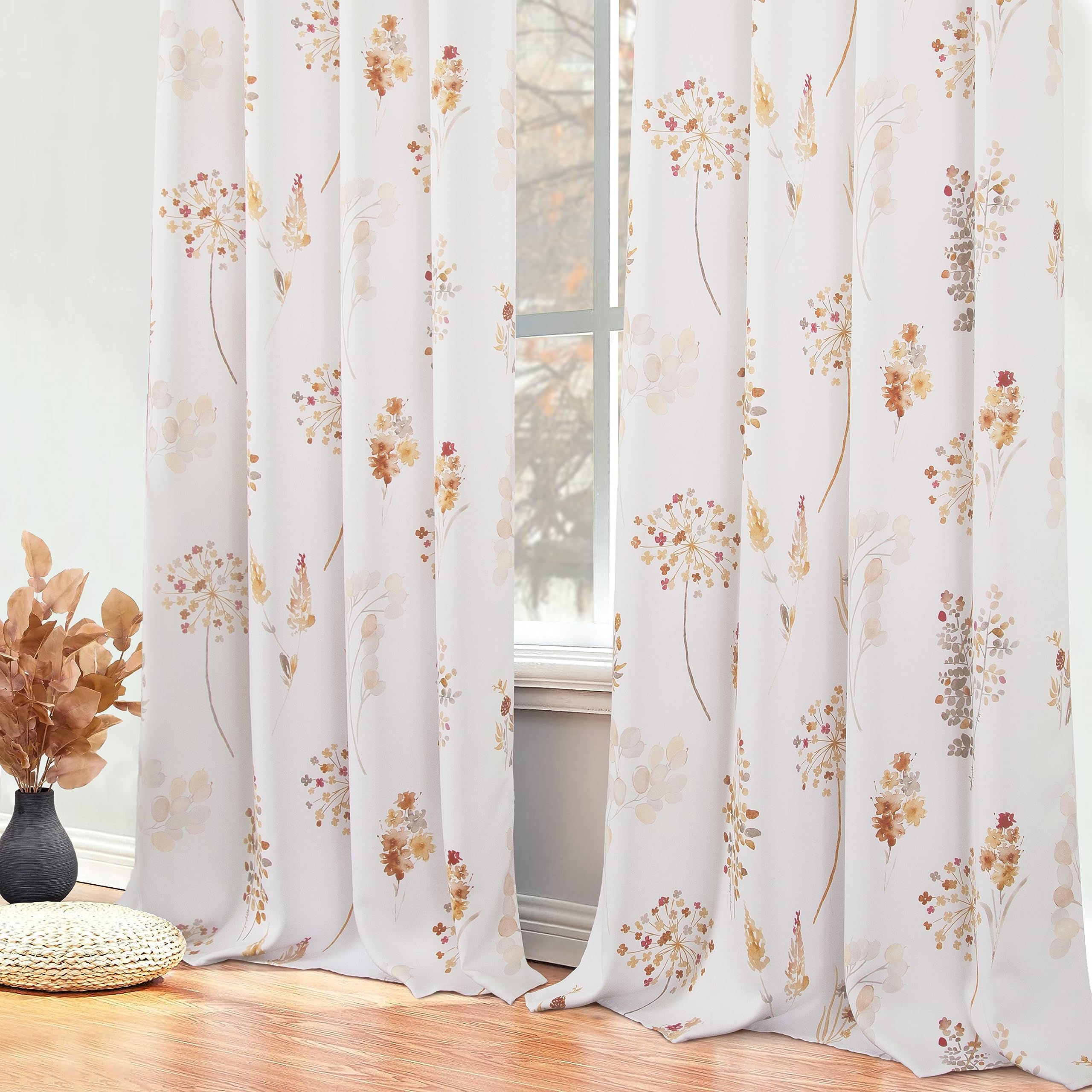 Xtmyi Orange Curtains 63 Inch Lenght For Bedroom 2 Panels 80% Blackout Grommet Room Darkening Flower Leaves Print Patterned Fall