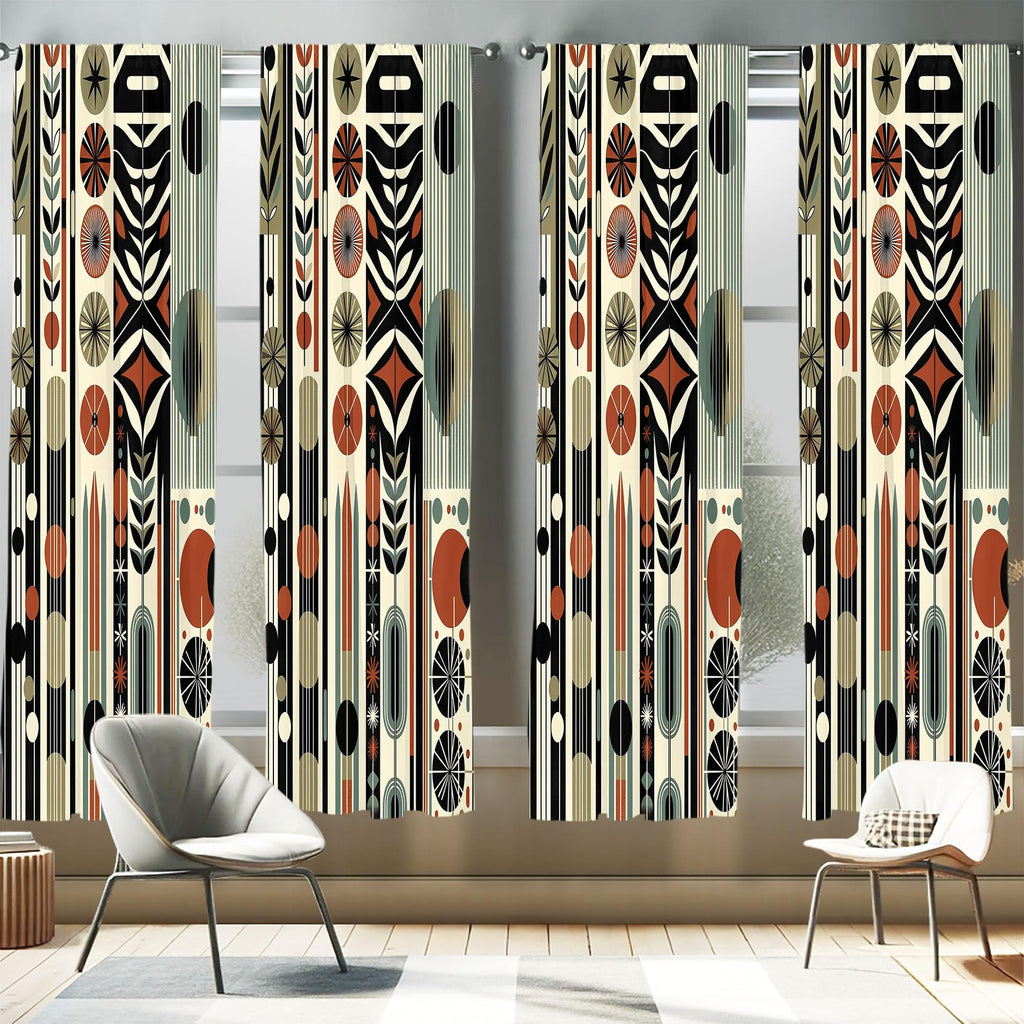 Ambesonne Bohemian Window Curtains Pack of 2, Mid Century Modern Themed Circular Motifs Ovals and Stripes Geometric, Lightweight