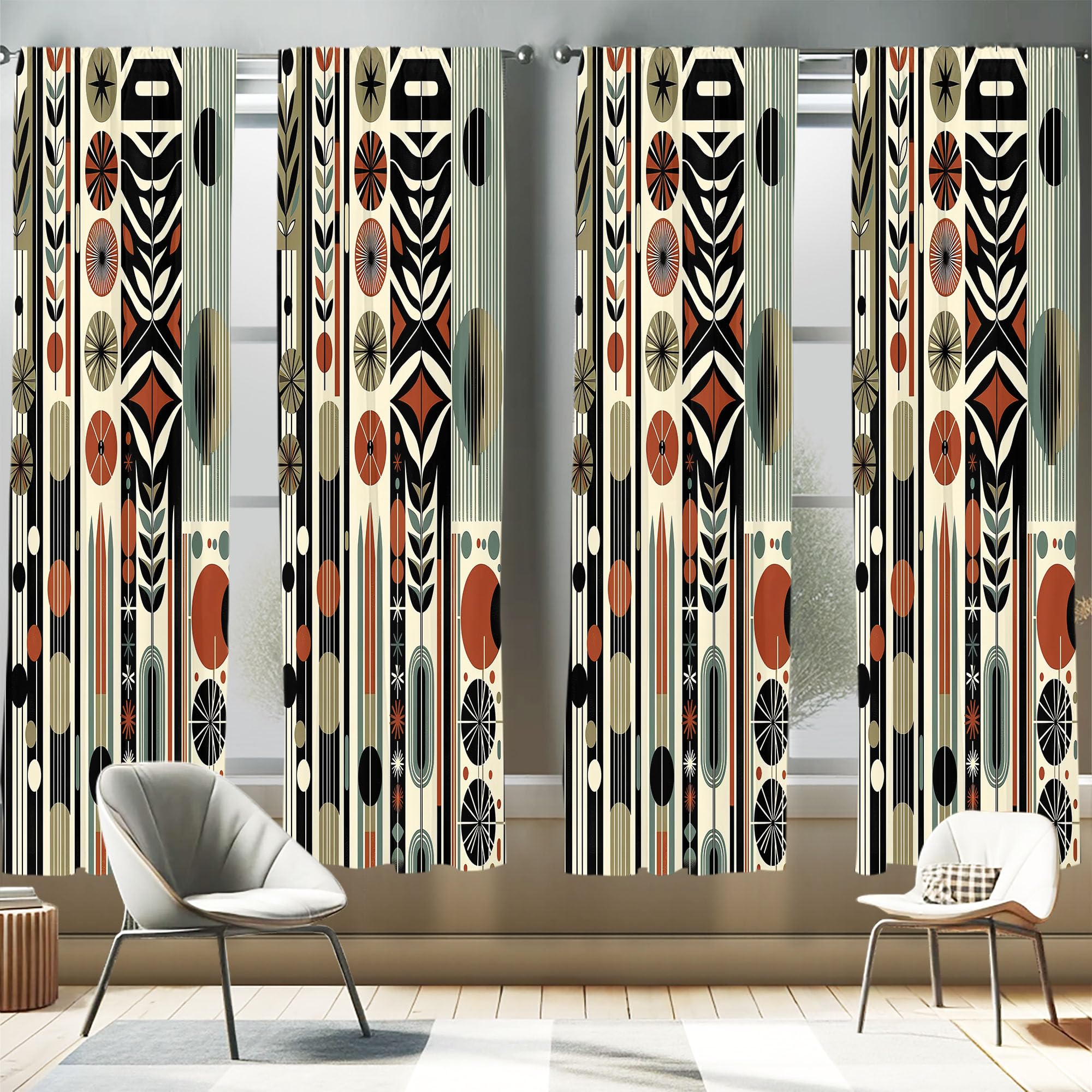 Ambesonne Bohemian Window Curtains Pack of 2, Mid Century Modern Themed Circular Motifs Ovals and Stripes Geometric, Lightweight