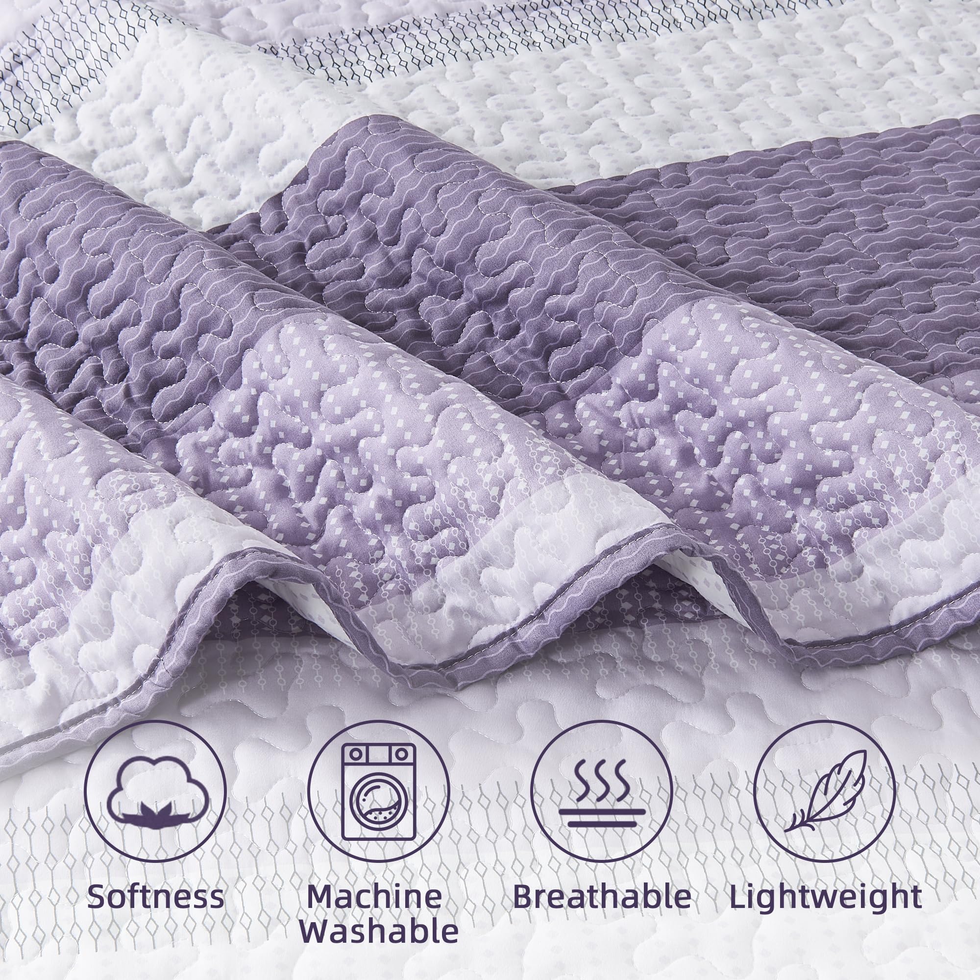 Andency King Size Quilt Set Grayish Purple, 3 Pieces Summer Ultra Soft Lightweight Bedspreads & Coverlets Set, Patchwork Striped Quilted Bedding Sets For All Seasons (1 Quilt, 2 Pillow Shams)