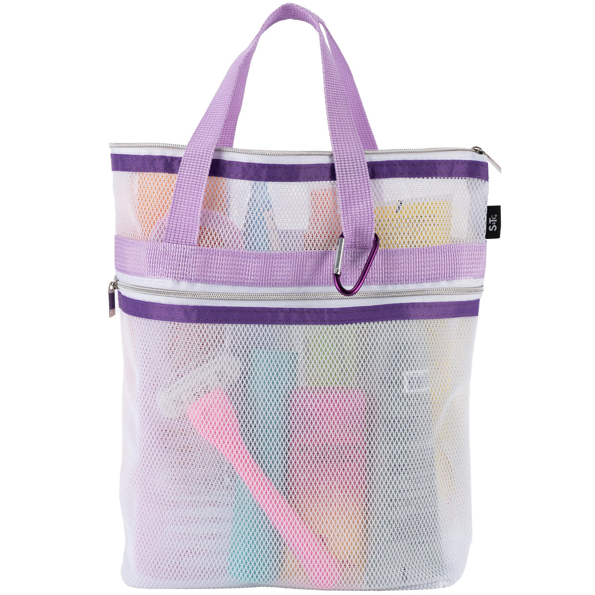 S&T INC. Mesh Shower Caddy, Shower Bag for Dorm Room Essentials, Gym Bag, Camping and More, Two Zippered Pockets, White and Purp