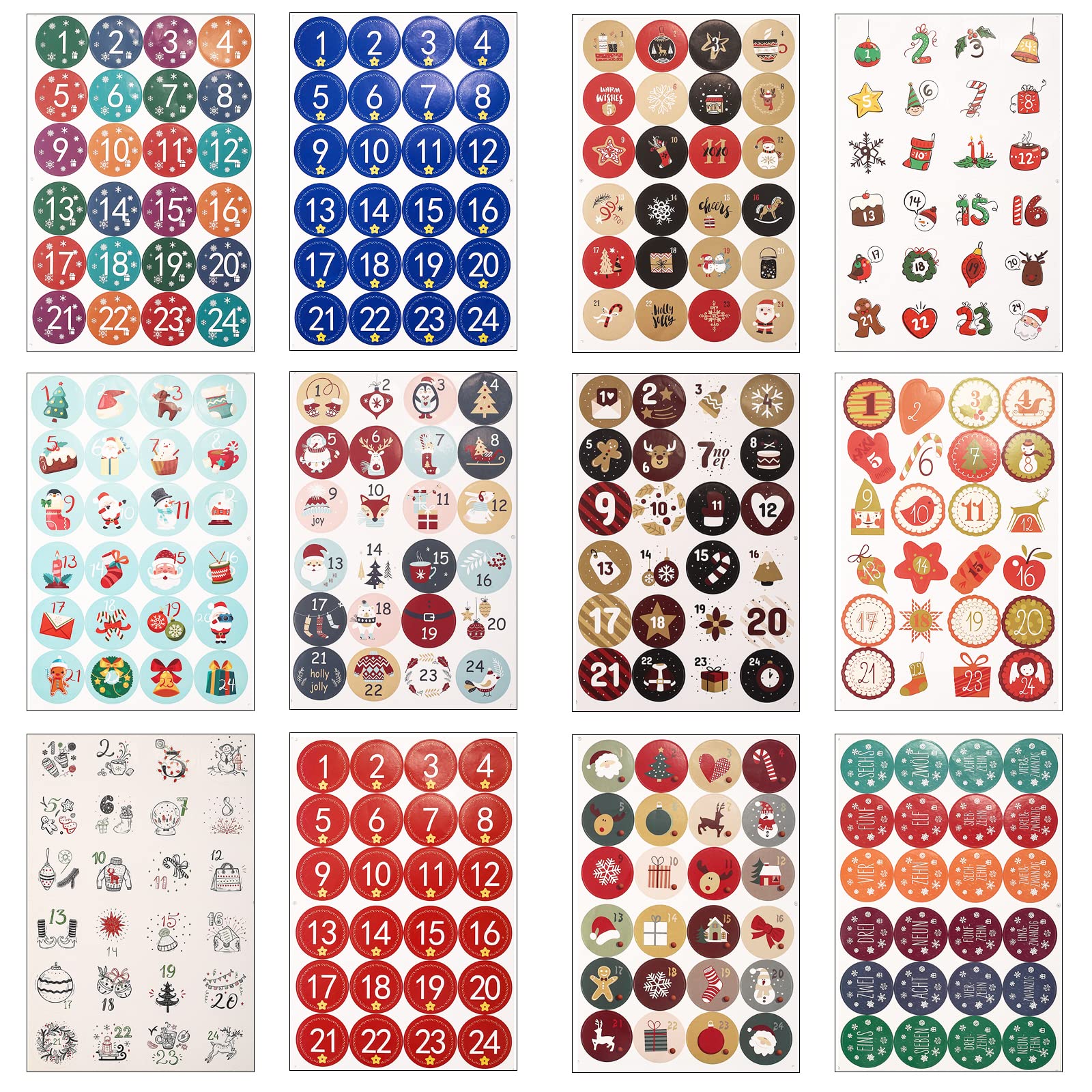 12 Sheets Advent Calendar Stickers, 1-24 Number Stickers With Christmas Theme Pattern, Christmas Stickers Suitable For Gift Seal