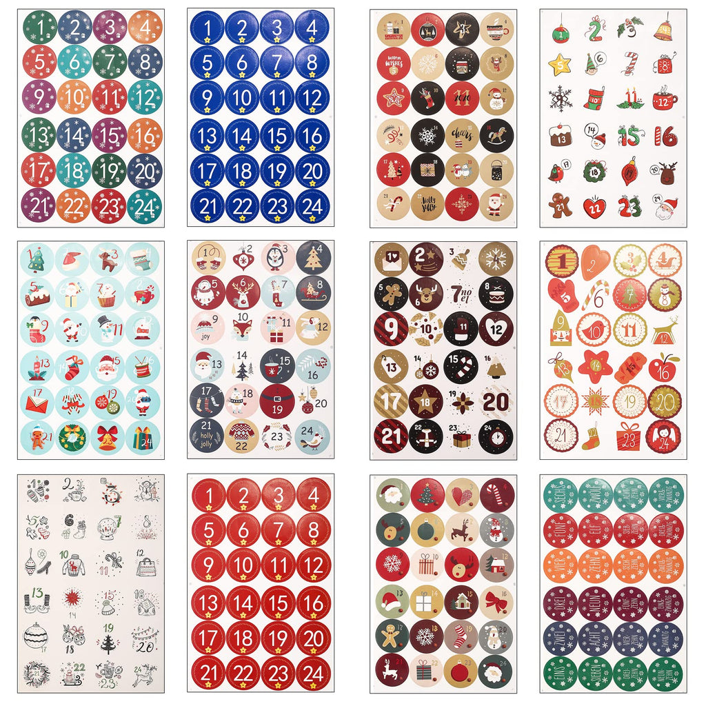 12 Sheets Advent Calendar Stickers, 1-24 Number Stickers With Christmas Theme Pattern, Christmas Stickers Suitable For Gift Seal