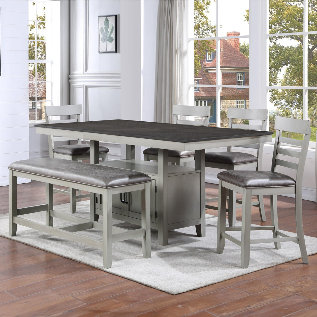 Steve Silver Furniture Hyland 6pc Dining Set, Included 60 to 80-Inch Dining Table w/ 20-Inch Leaf, 4 Vegan Leater Chairs, and Vegan Leather Bench, 60" L x 42" W x 36" H, Grey