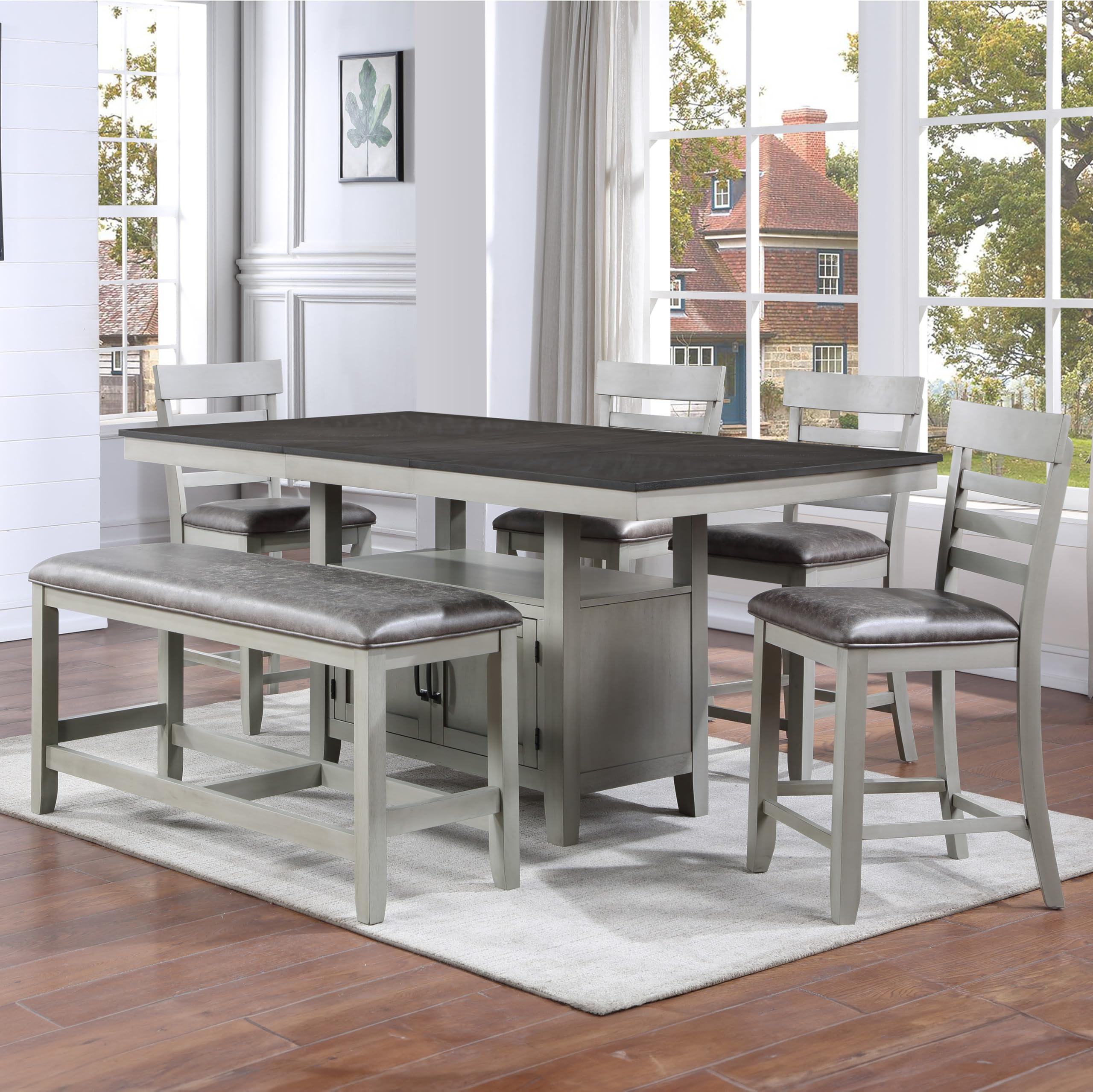 Steve Silver Furniture Hyland 6pc Dining Set, Included 60 to 80-Inch Dining Table w/ 20-Inch Leaf, 4 Vegan Leater Chairs, and Vegan Leather Bench, 60" L x 42" W x 36" H, Grey