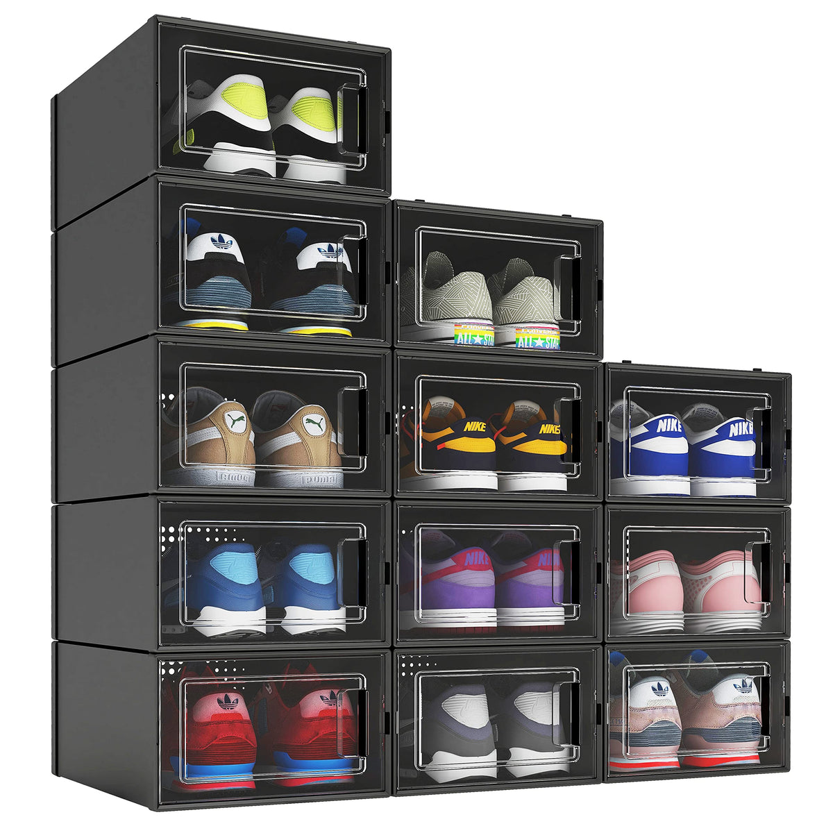 MELDEVO 12 Pack Shoe Organizer Boxes, Black Plastic Stackable Shoe Storage Bins For Closet, Space Saving Shoe Holder Sneaker Dis