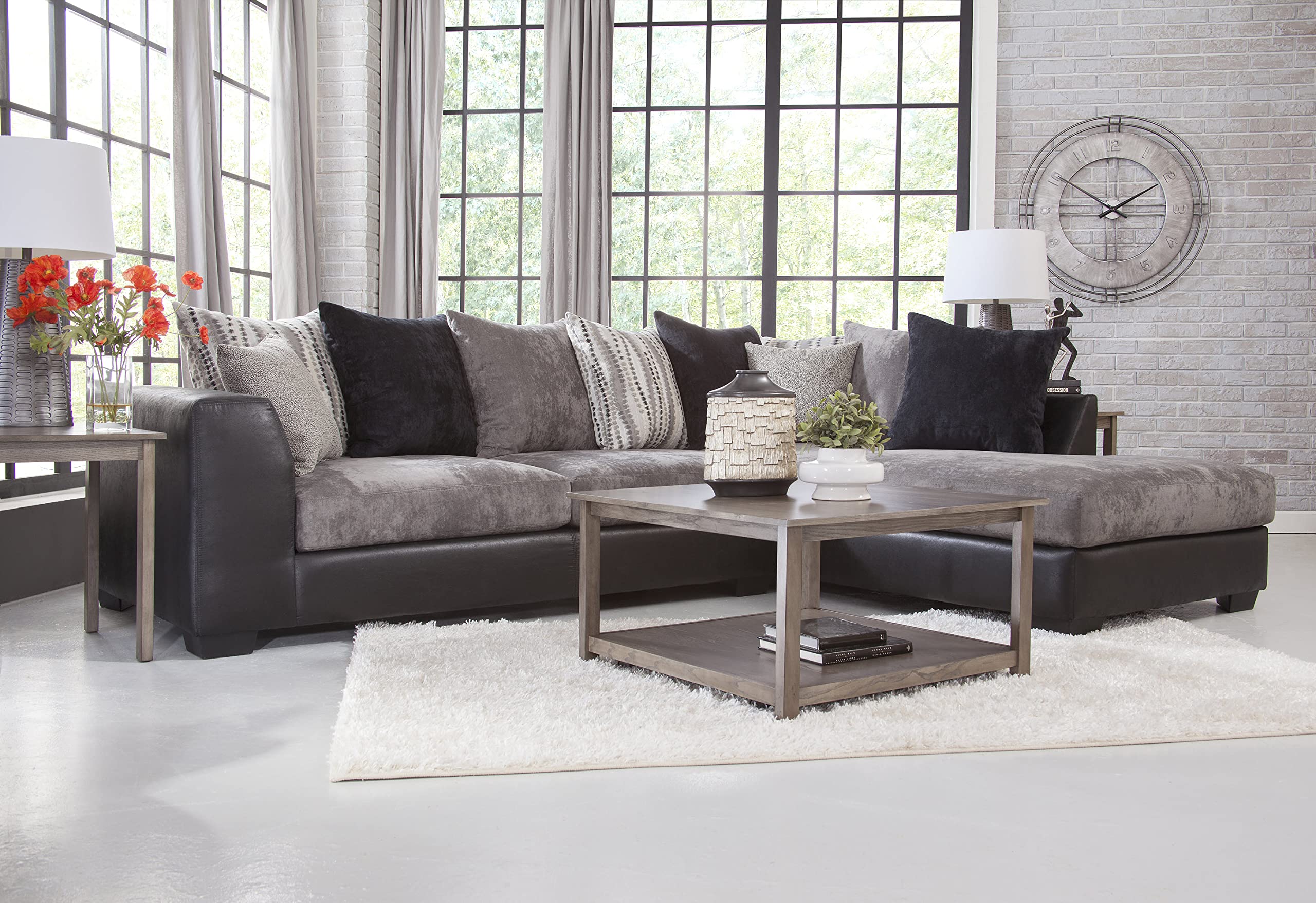 American Furniture Classics Model 8-A317-K Casual Comfort Series Charcoal and Black L Shaped Sectional Sofa with 8 Back Pillows and 2 Accent Pillows