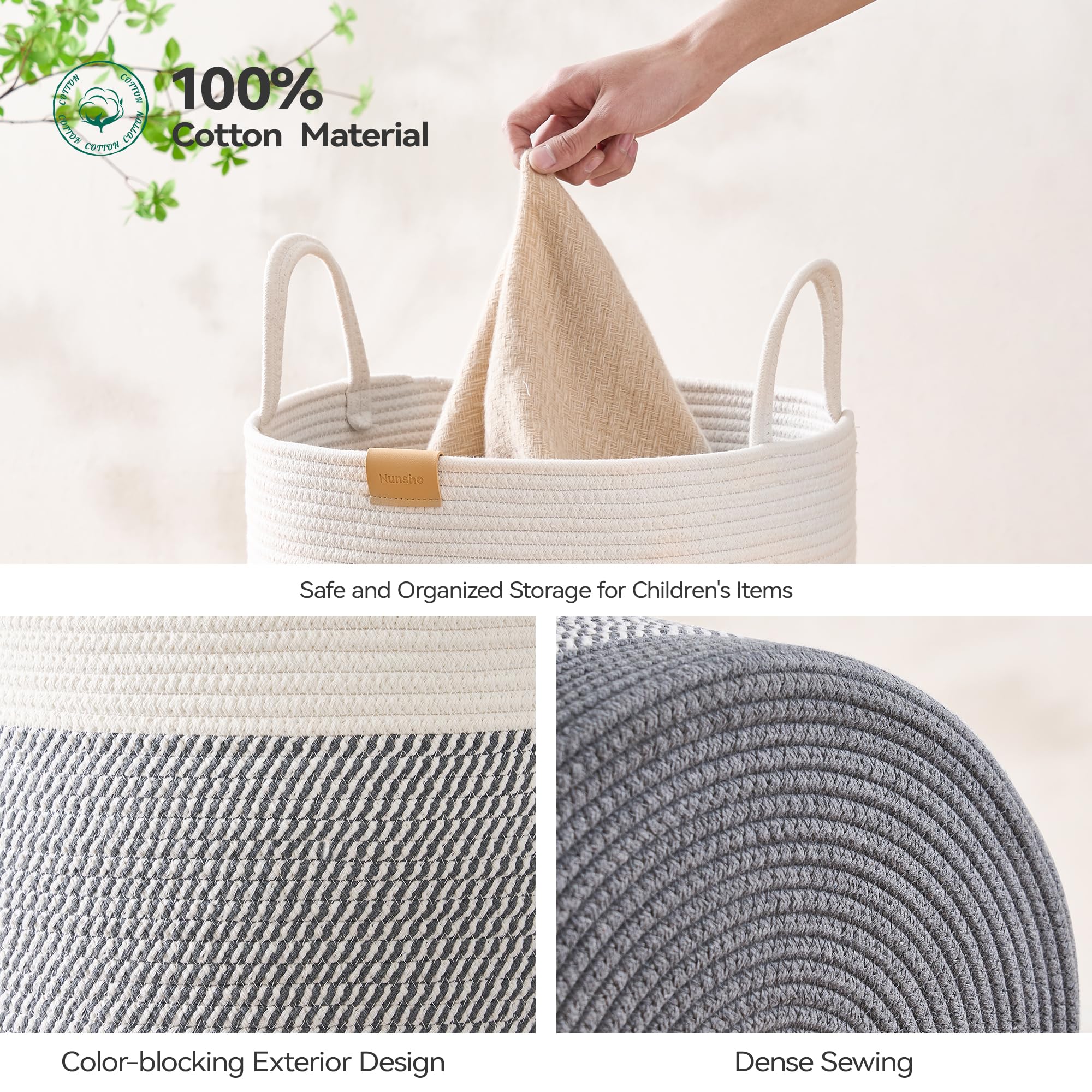 Nunsino 75L Laundry Hamper Basket,Baby Nursery Woven Storage Basket For Toys Bin,Pillows,Blankets,Clothes,Grey&White