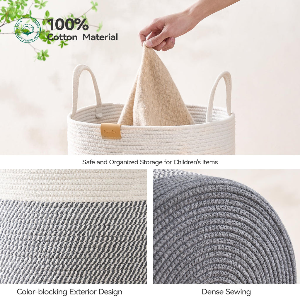 Nunsino 75L Laundry Hamper Basket,Baby Nursery Woven Storage Basket For Toys Bin,Pillows,Blankets,Clothes,Grey&White