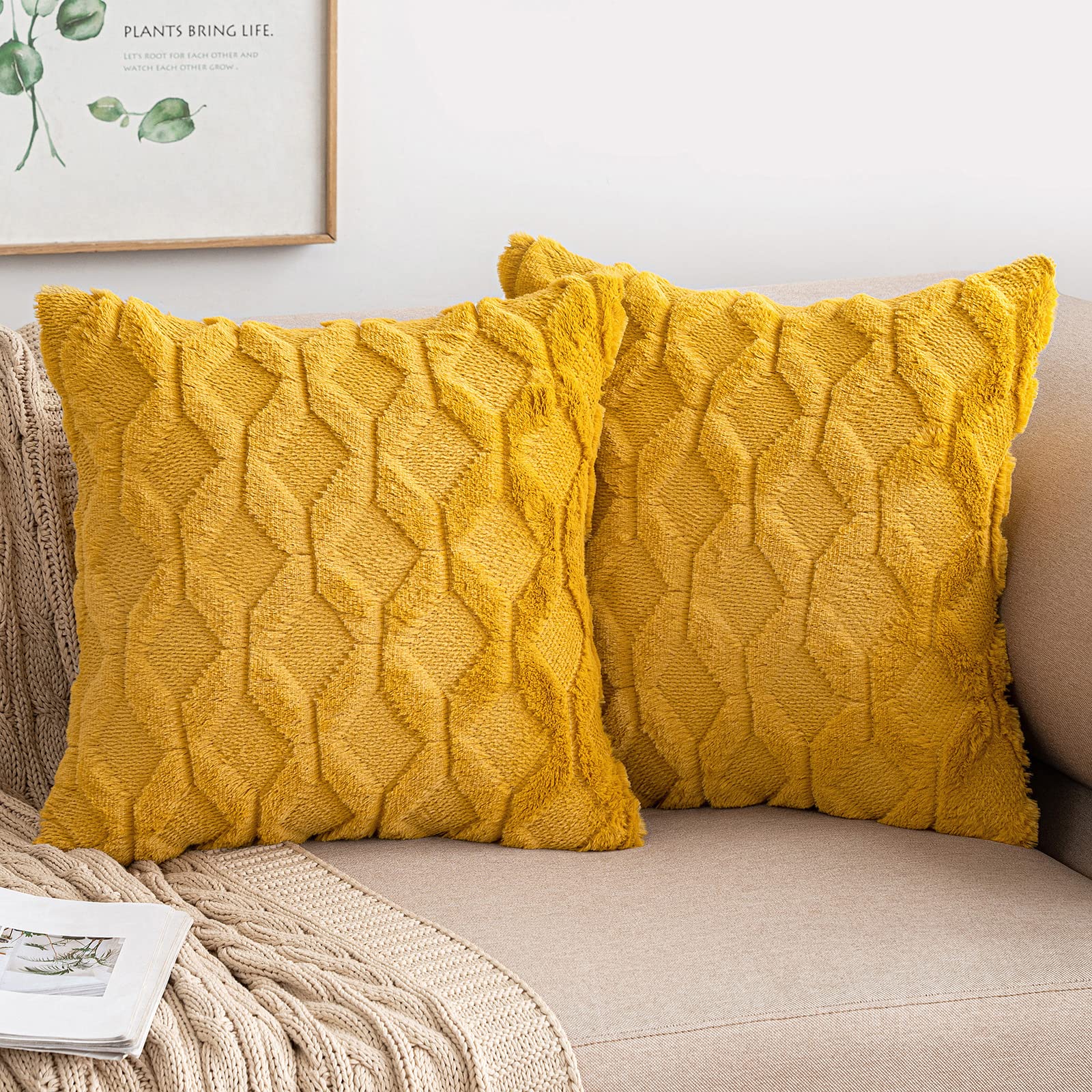 Miulee Fall Mustard Yellow Throw Pillow Covers 18X18 Set Of 2 Spring Decorative Farmhouse Couch Throw Pillows Boho Shells Cute Soft Plush Wool Winter Pillowcases For Bedroom Living Room Sofa