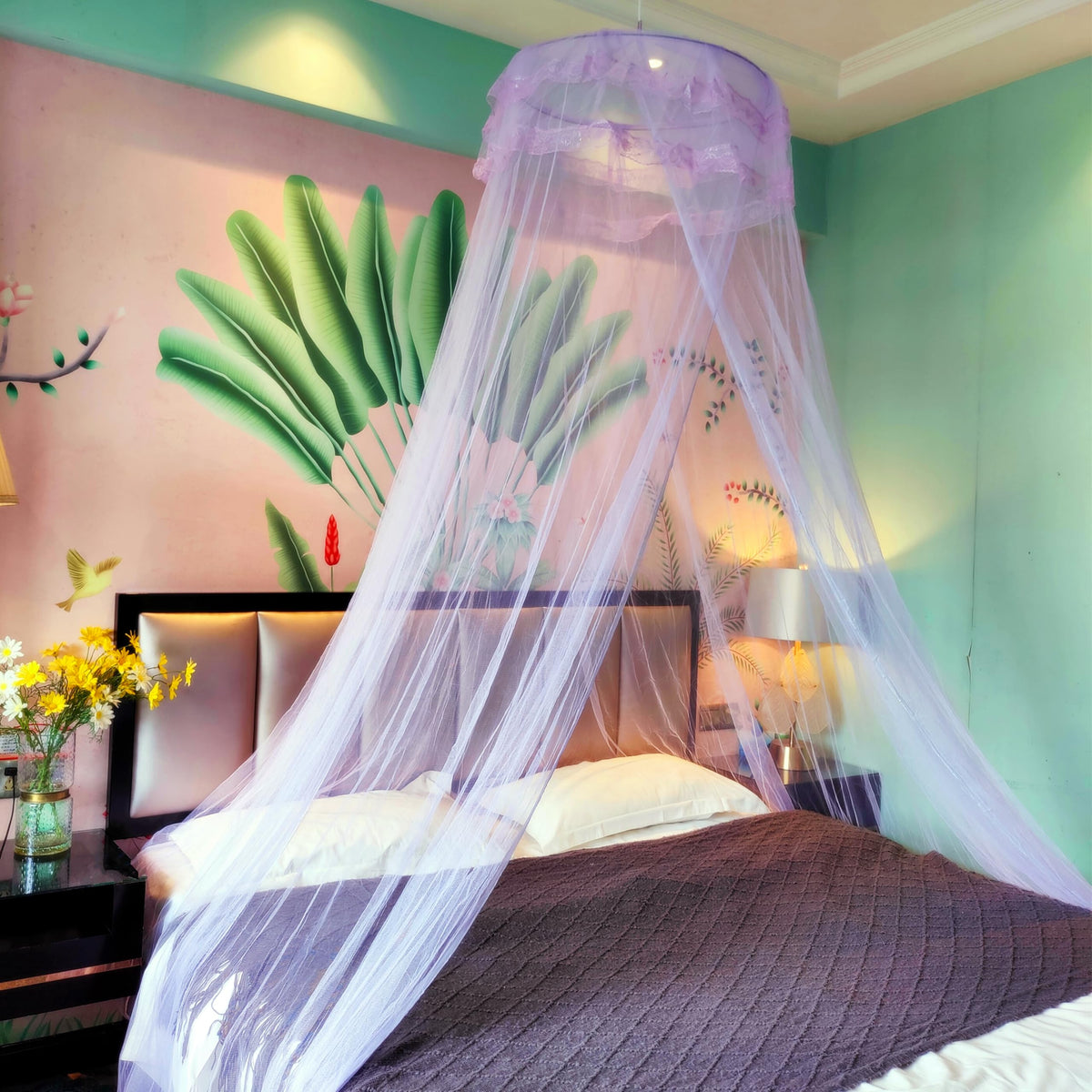 Eimilaly Lace Bed Canopy Mosquito Netting, Princess Bed Canopy For Girls Room Decor, Purple/Single Door