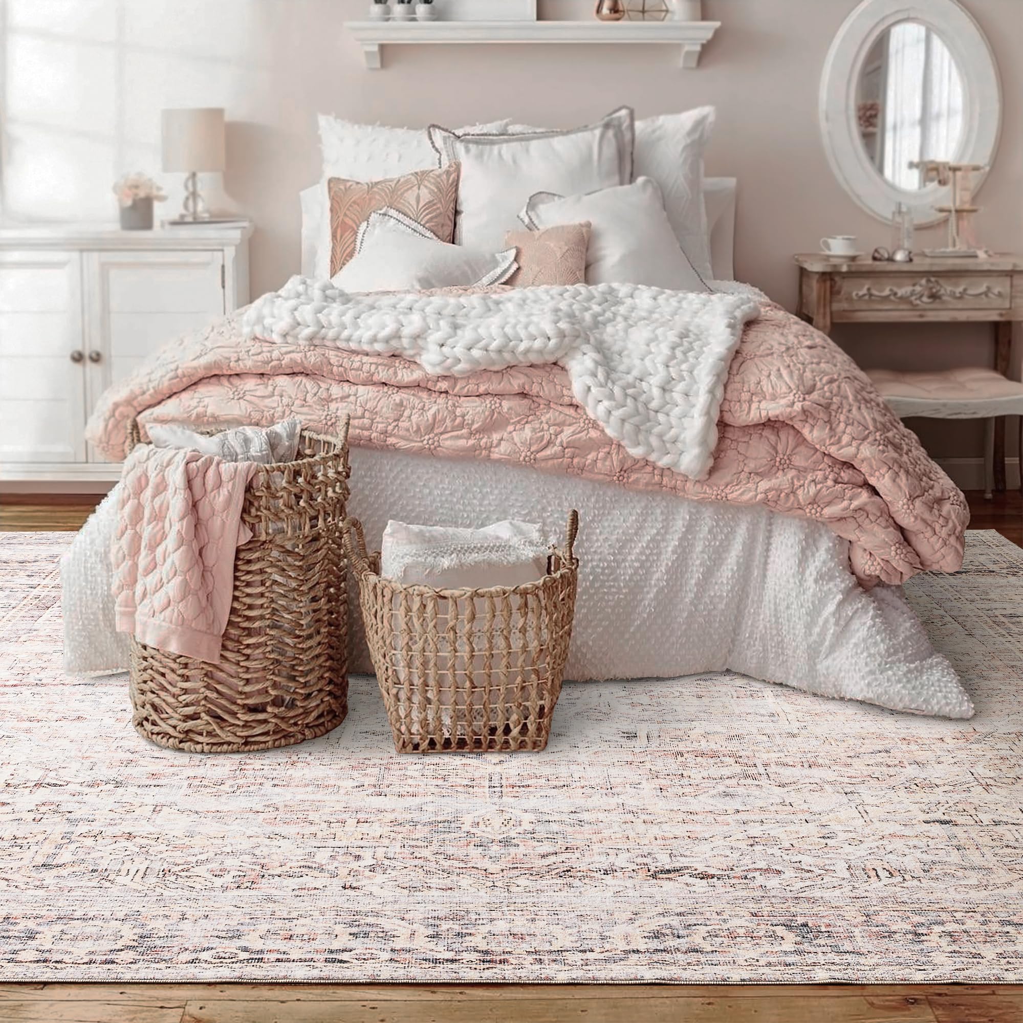 Bileehome Pink Boho Rugs For Bedroom Aesthetic Under Bed,Washable Cute Floral Large Neutral Area Rugs 8X10 For Living Room,8 X 1