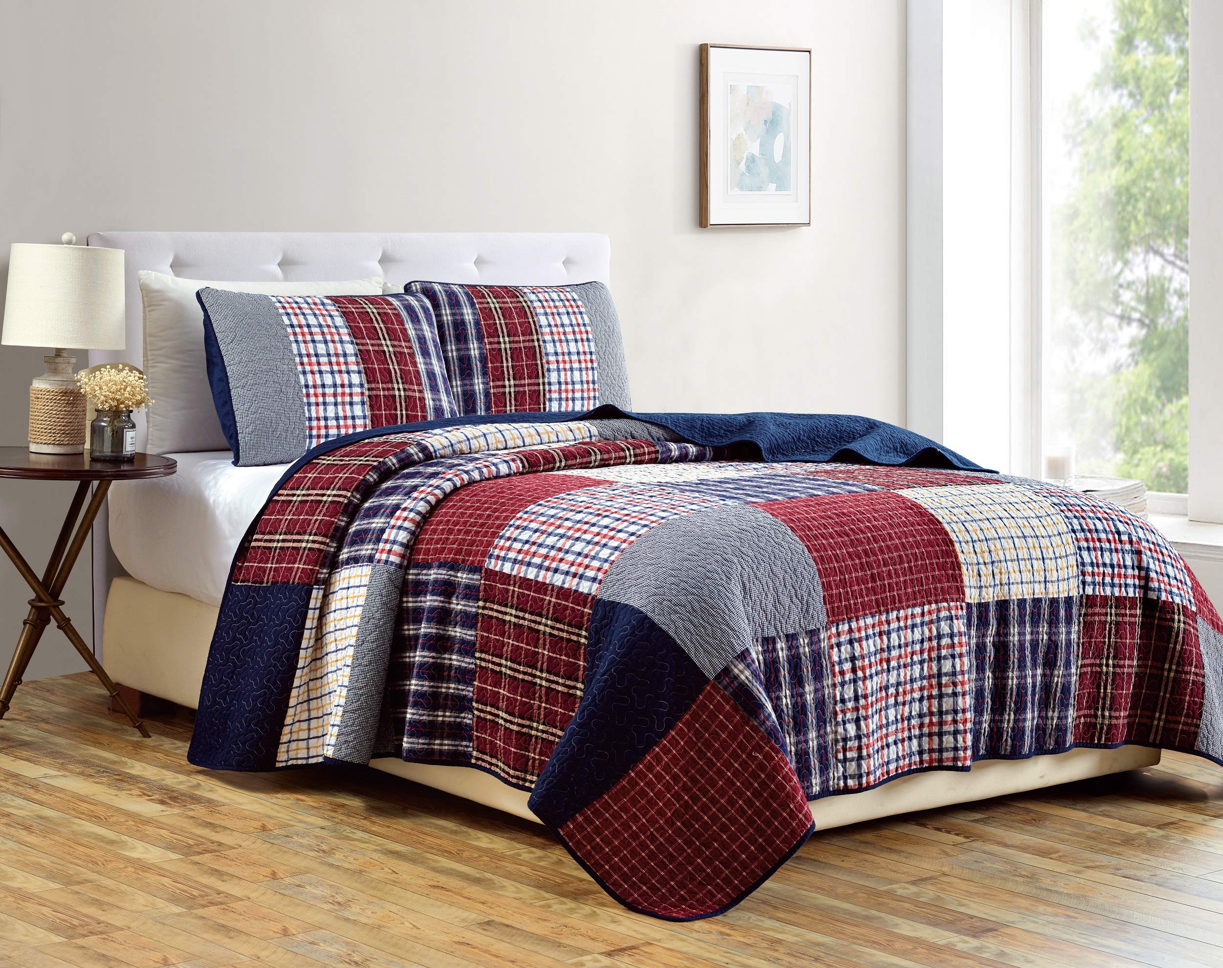Chezmoi Collection Grizzly 3-Piece Plaid Checkered Patchwork Quilted 100% Washed Cotton Reversible Bedspread Quilt Set, Queen