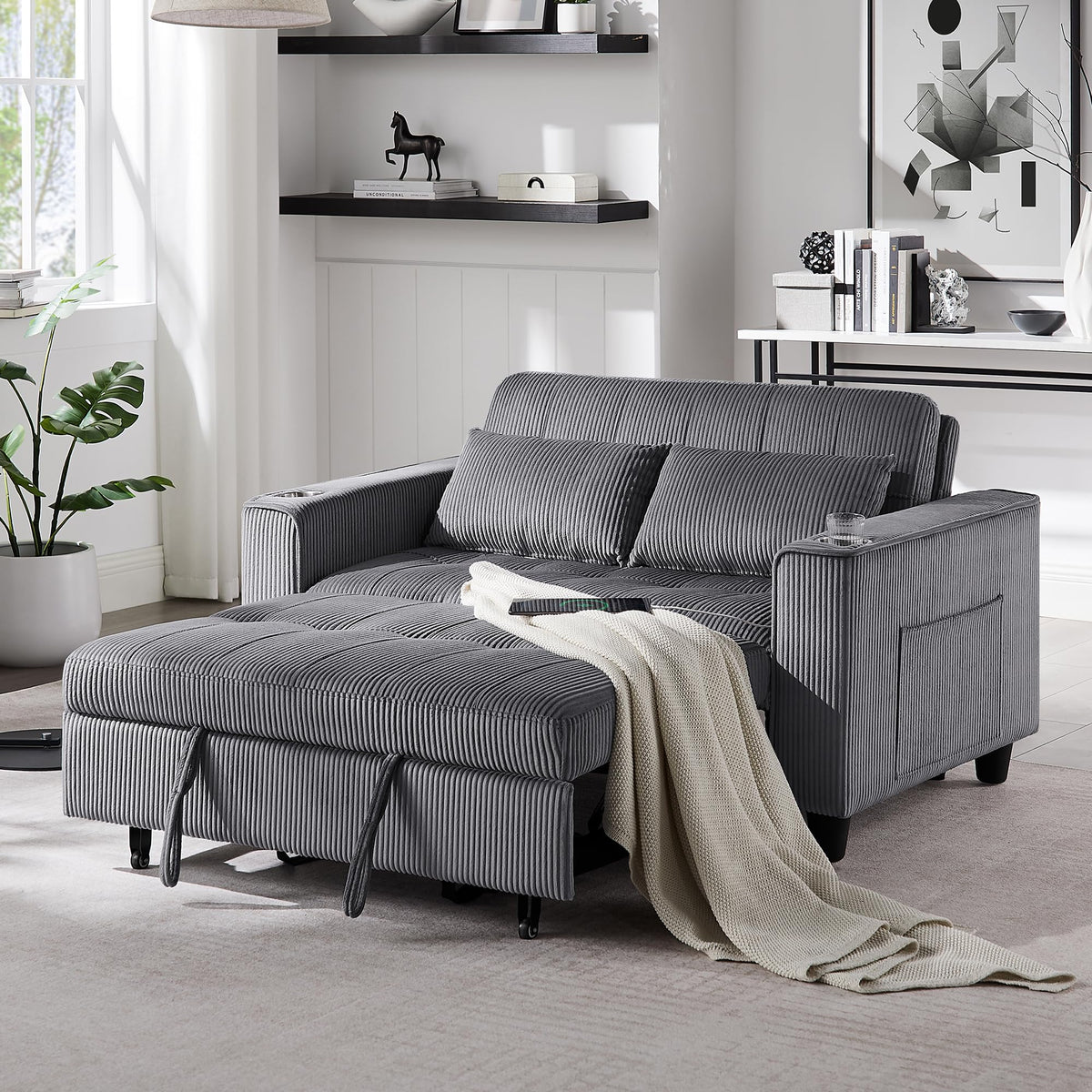 Okd 3 In 1 Convertible Sleeper Sofa Bed, Corduroy Pull Out Futon Couch With Charging Station & Cup Holder, Folding Loveseat Sofa