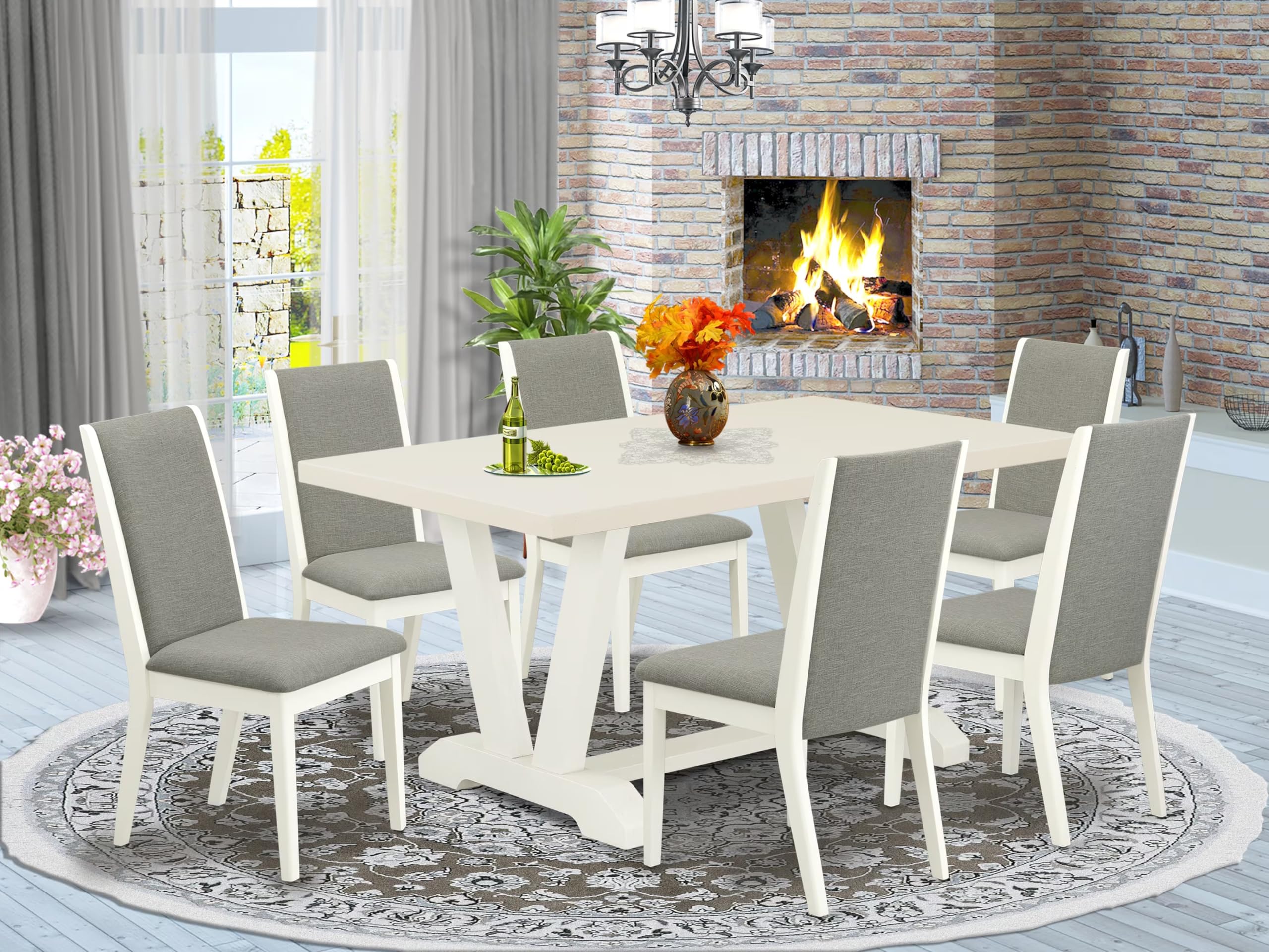 East West Furniture V026La206-7 7 Piece Dining Table Set Consist Of A Rectangle Dining Room Table With V-Legs And 6 Shitake Linen Fabric Upholstered Parson Chairs, 36X60 Inch, Multi-Color