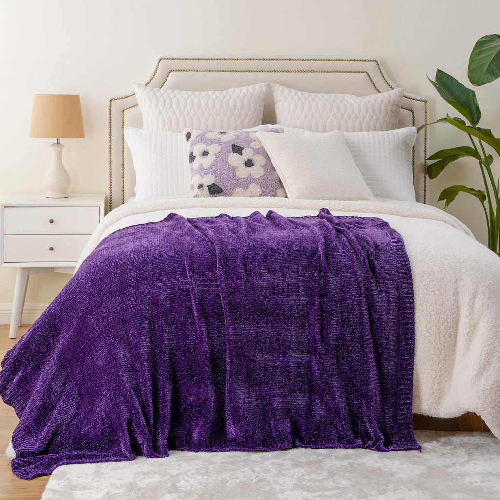 Battilo Home Chenille Knitted Throw Blanket For Couch, Decorative Cozy Dark Purple Throw Blanket For Bed Sofa Outdoor, Super Sof