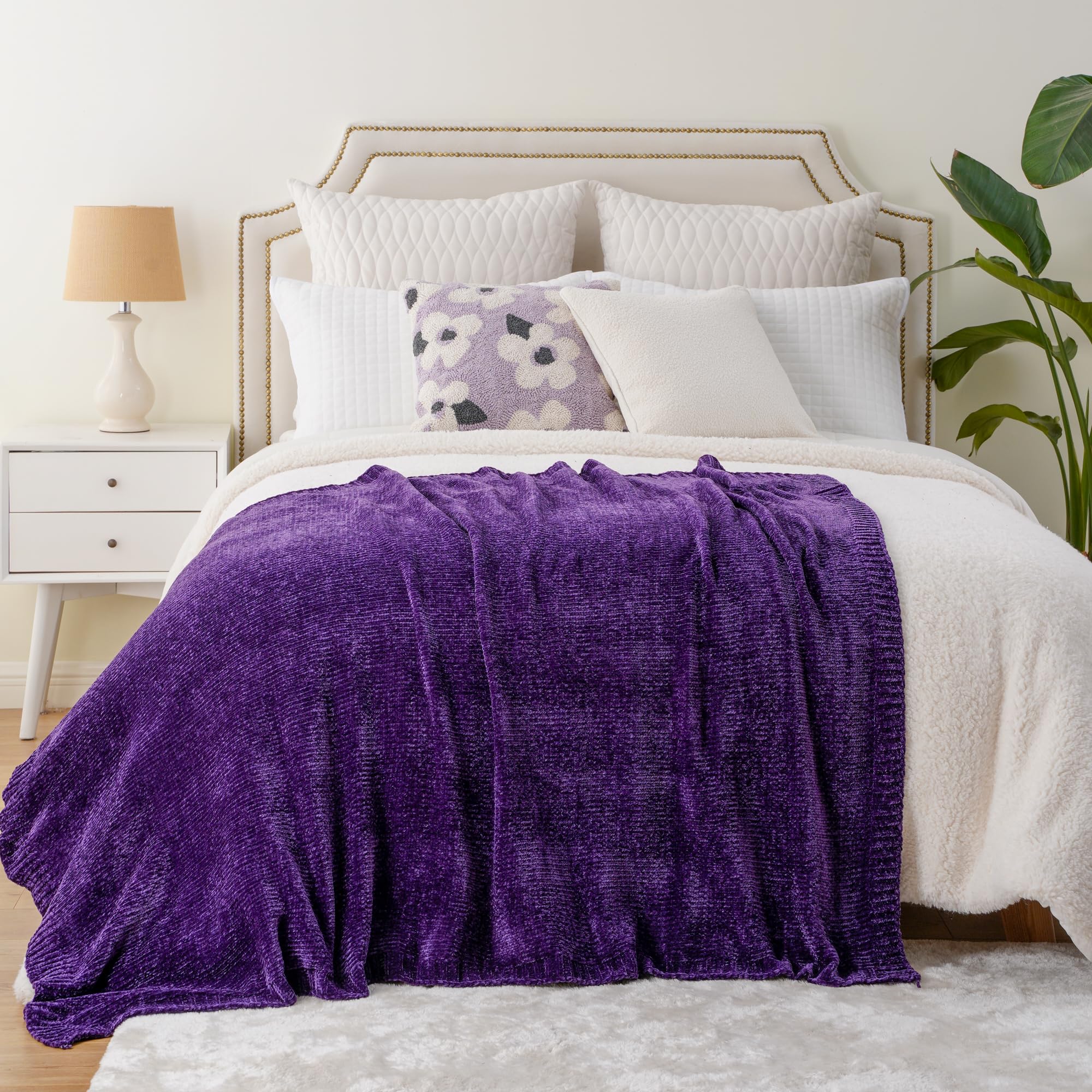 Battilo Home Chenille Knitted Throw Blanket For Couch, Decorative Cozy Dark Purple Throw Blanket For Bed Sofa Outdoor, Super Sof