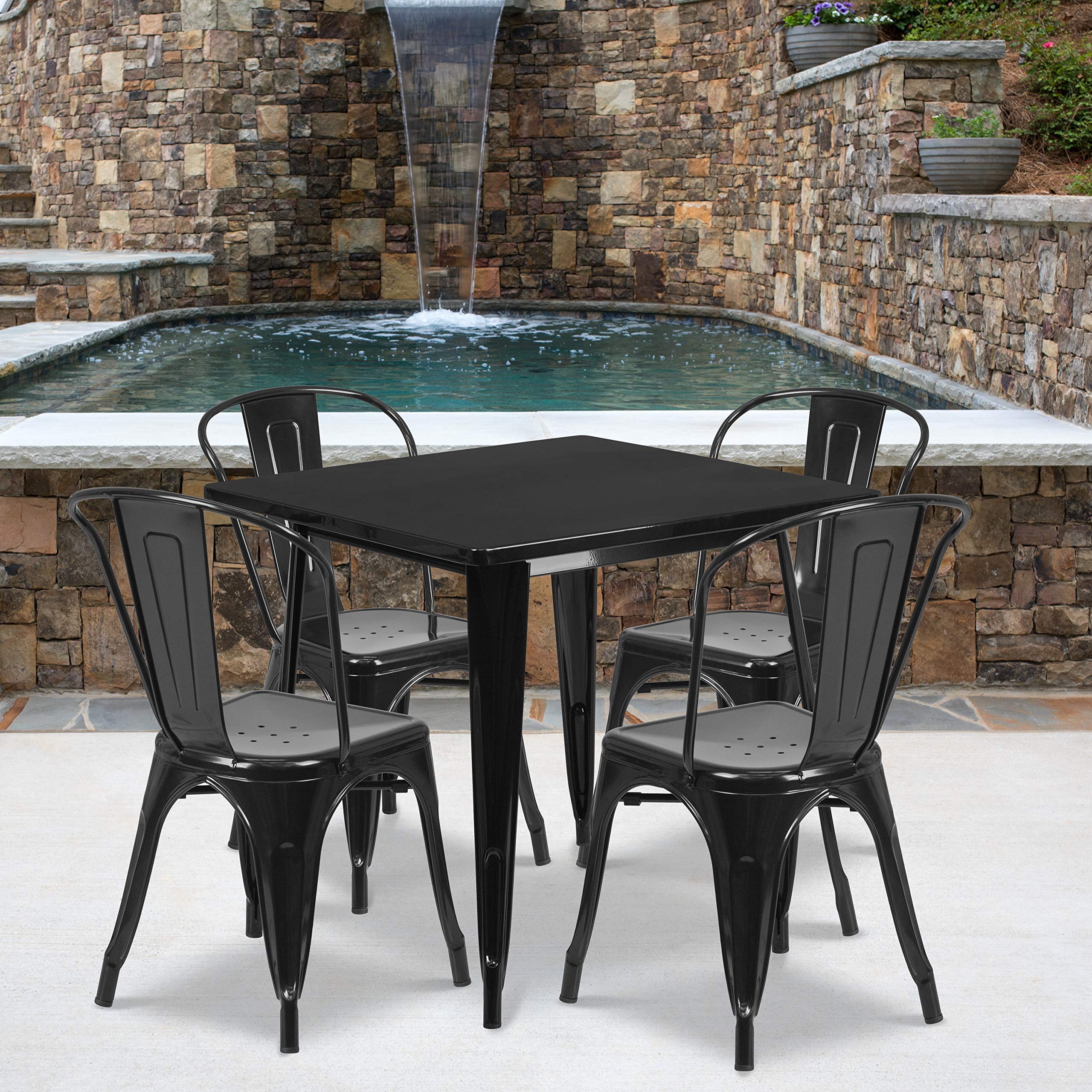 Flash Furniture 5-Piece Commercial 31.5' Square Metal Dining Table And Chairs Set, Indoor/Outdoor Dining Set With Table And 4 Stackable Chairs, Black