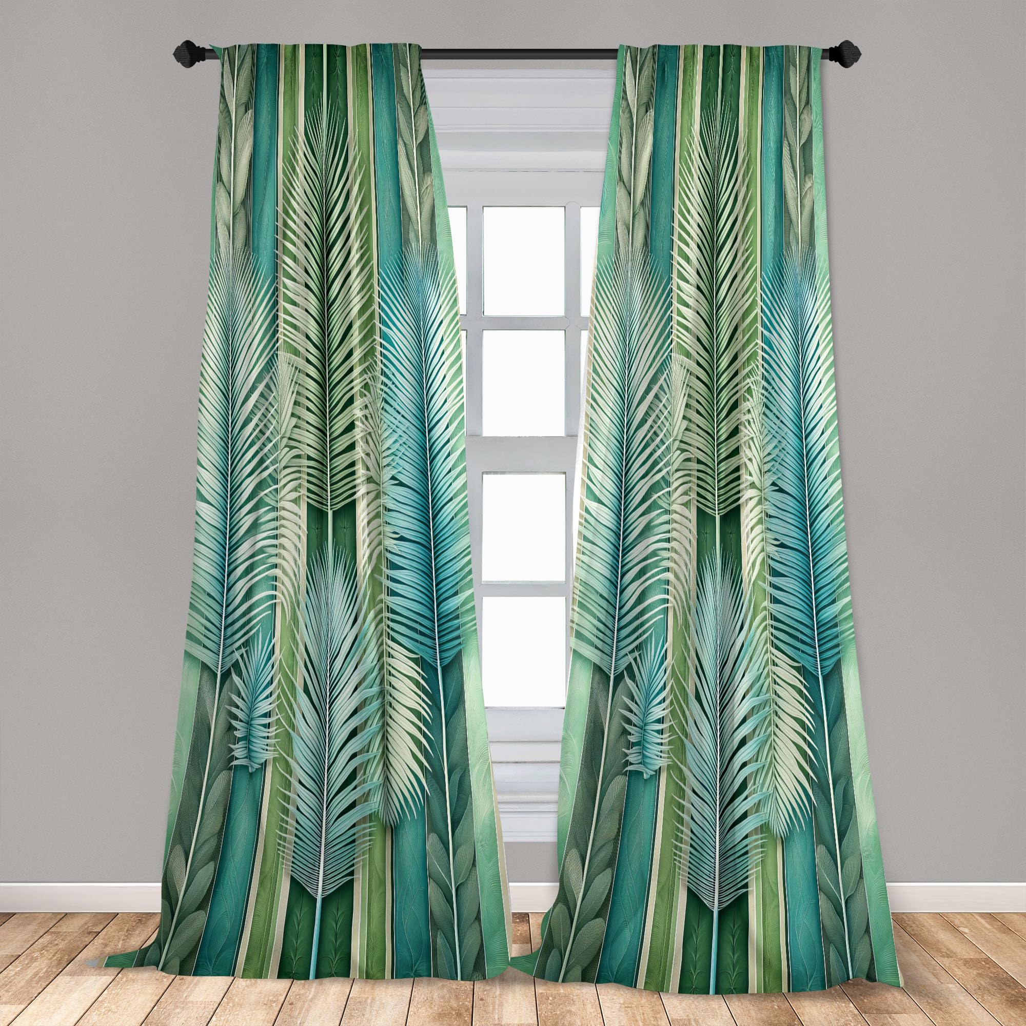 Ambesonne Jungle Curtains, Tropical Palm Leaves Like Feathers On Abstract Botanical Stripes, Window Treatments 2 Panel Set For L