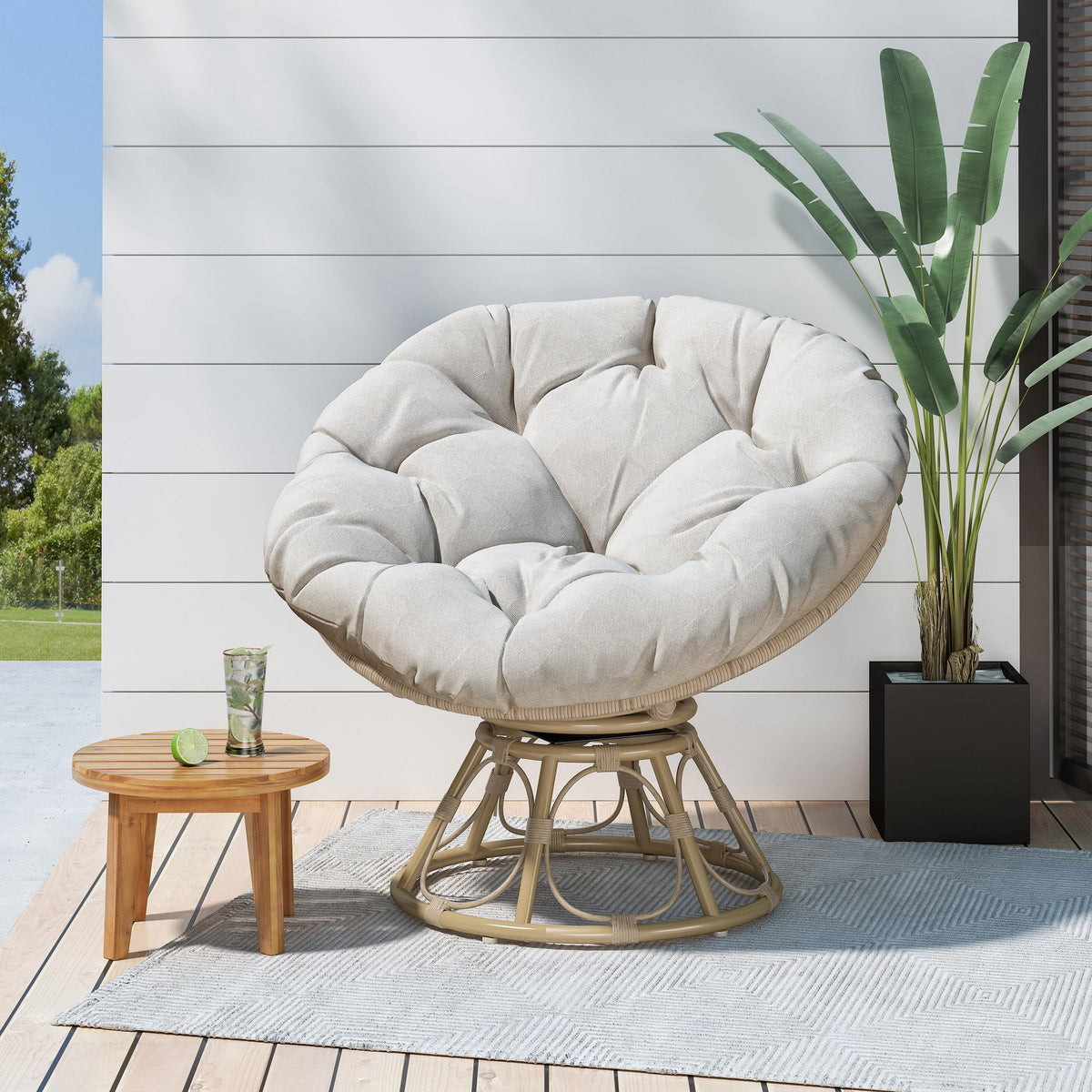 Think 30 Ergonomic Wicker Papasan Chair With Soft Thick Density Fabric Cushion, High Capacity Steel Frame, For Living, Bedroom,
