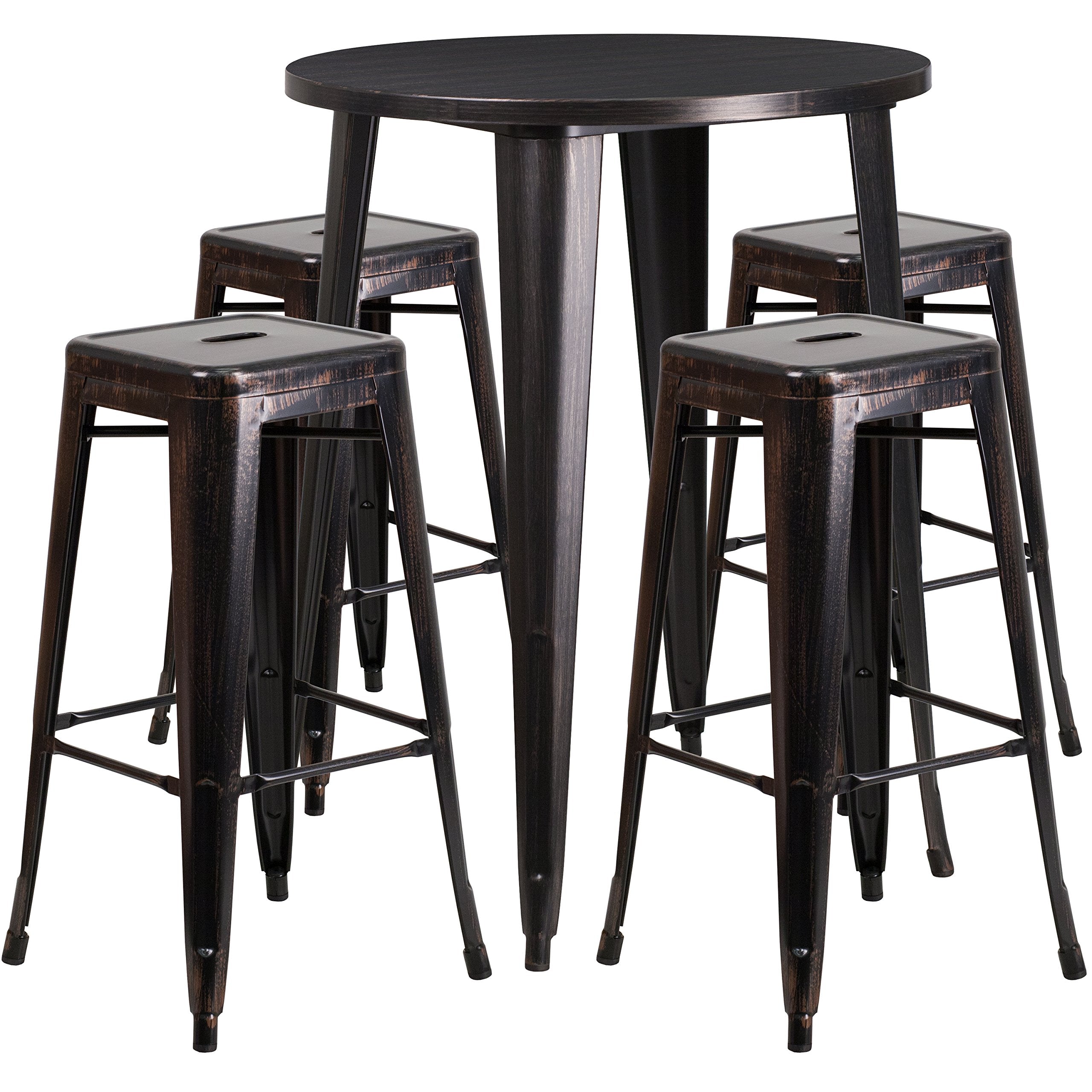 Flash Furniture Commercial Grade 30&quot; Round Black-Antique Gold Metal Indoor-Outdoor Bar Table Set with 4 Square Seat Backless Stools