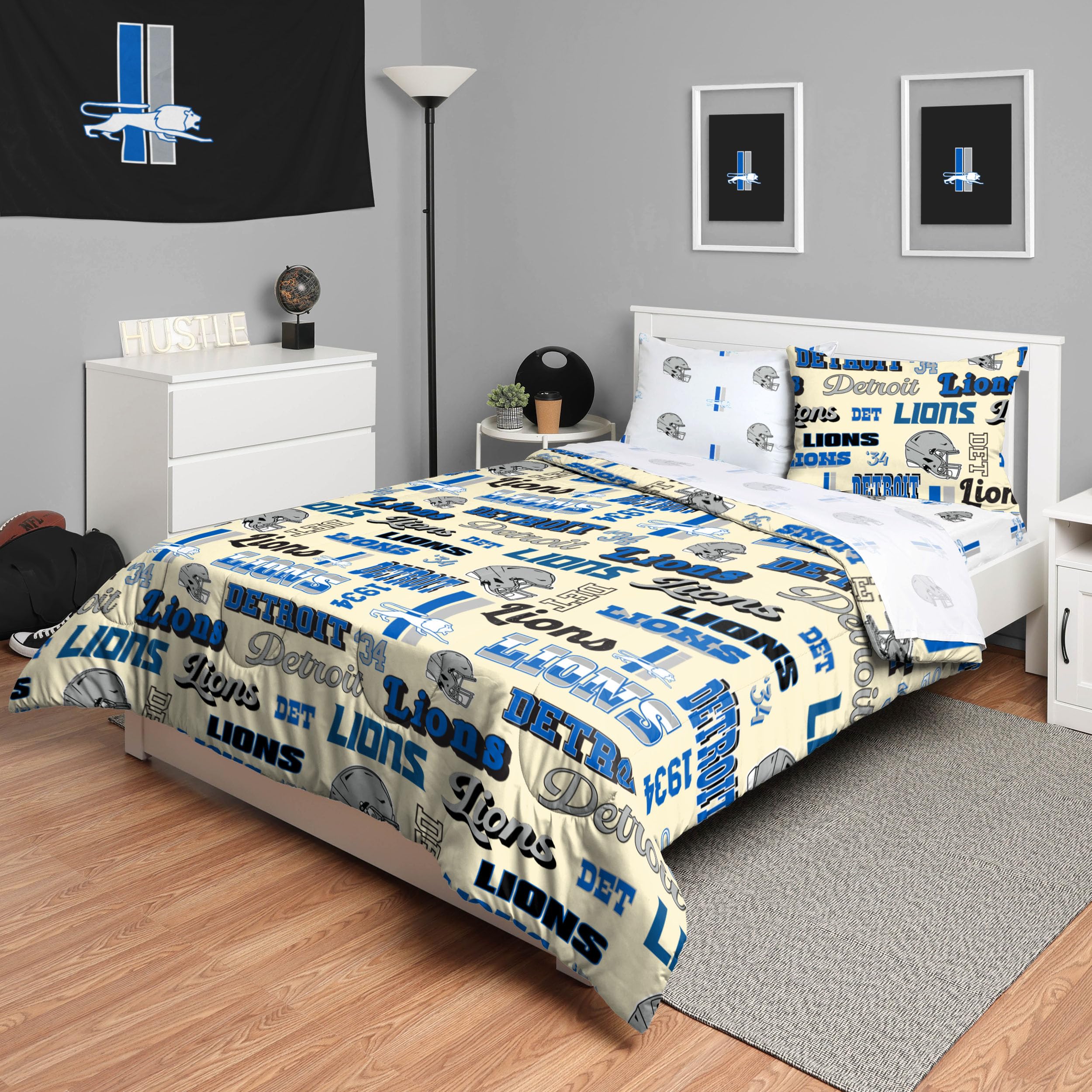 Foco Detroit Lions Nfl Retro Bed In A Bag Comforter Bedding 5 Piece Full Set